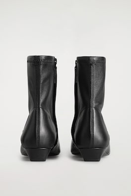 PANELED POINTED LEATHER WEDGE ANKLE BOOTS — BLACK 2