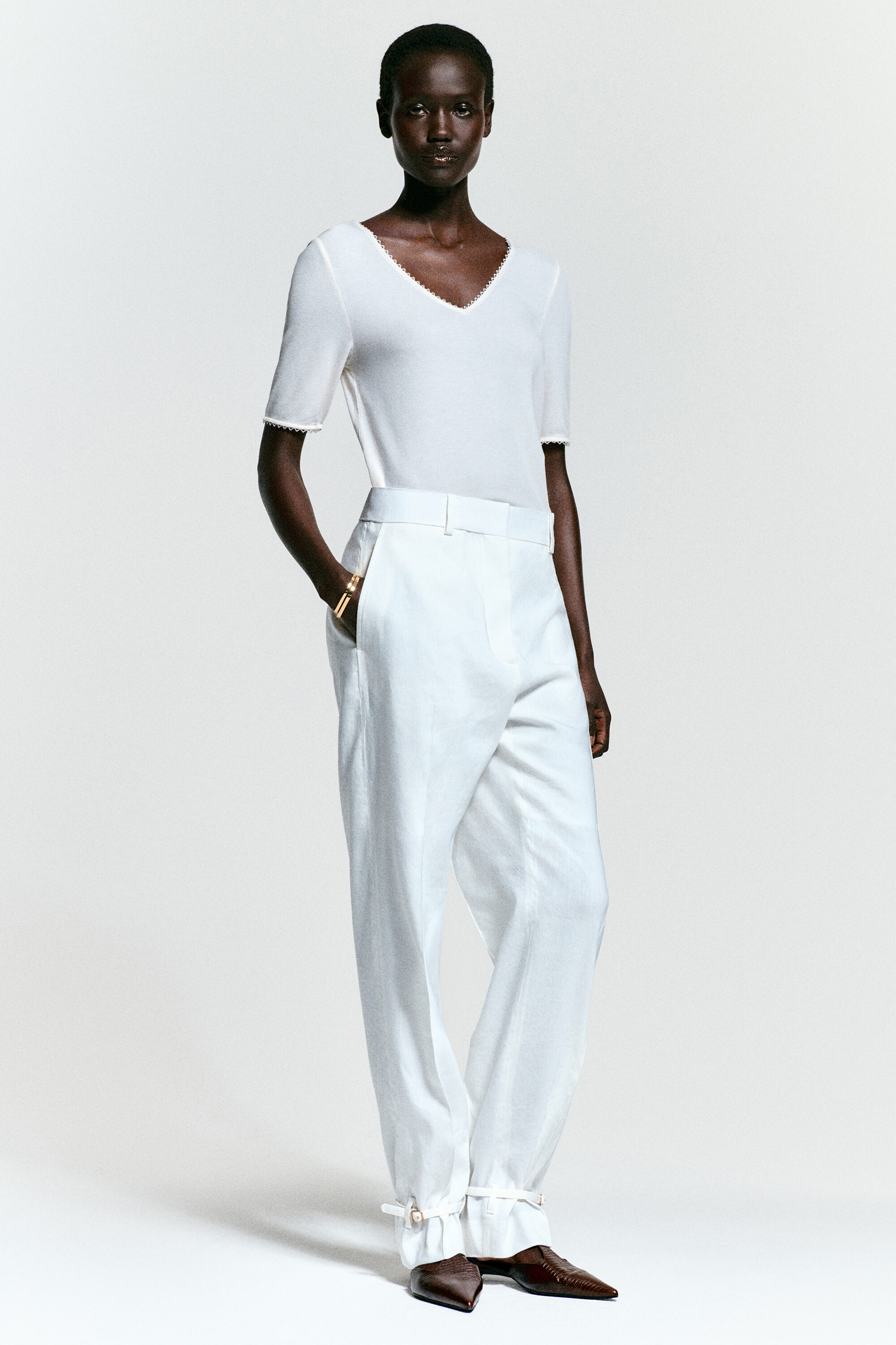 LACE-TRIMMED RIBBED V-NECK T-SHIRT - WHITE | COS US