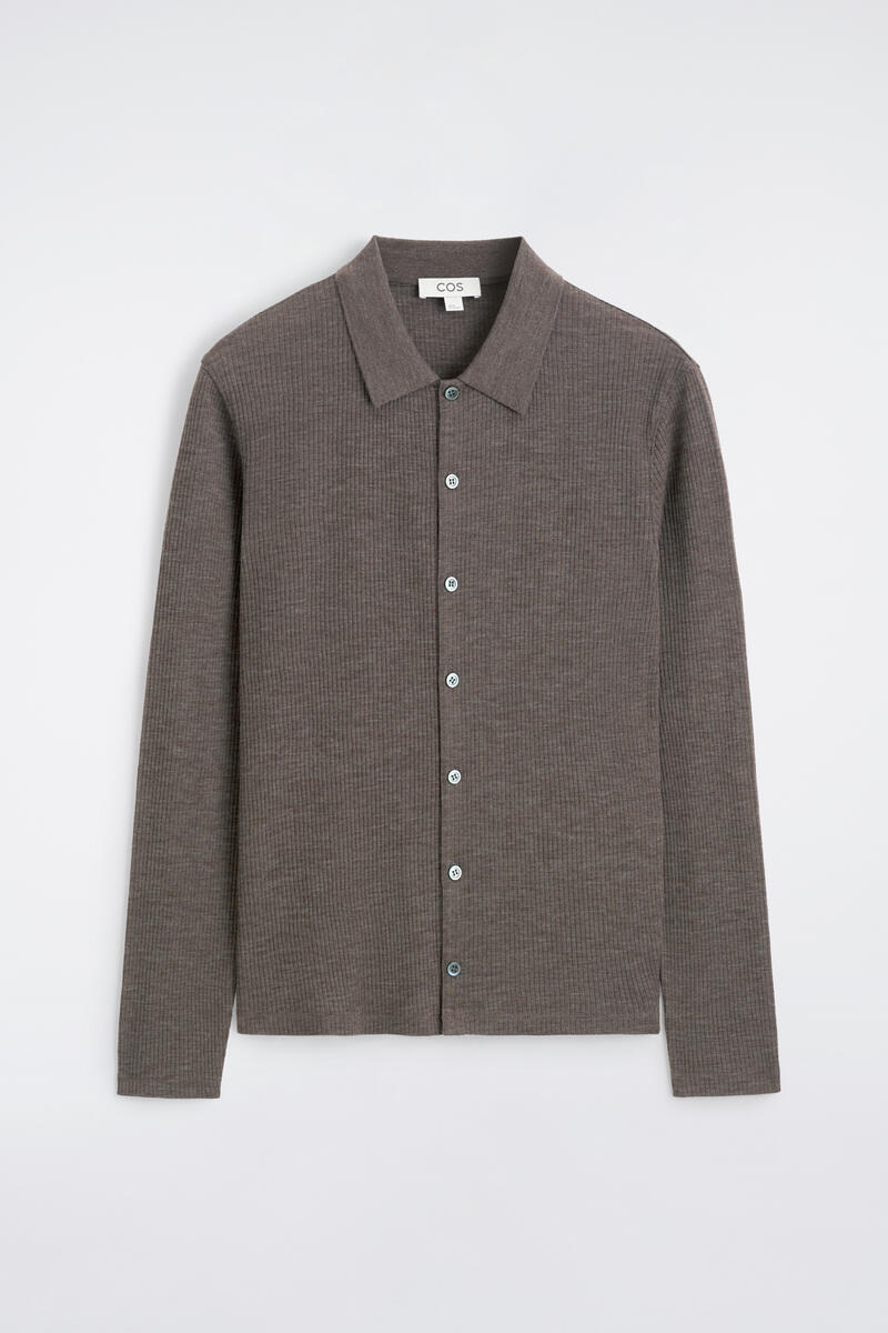 Slim Ribbed Wool Shirt in Beige