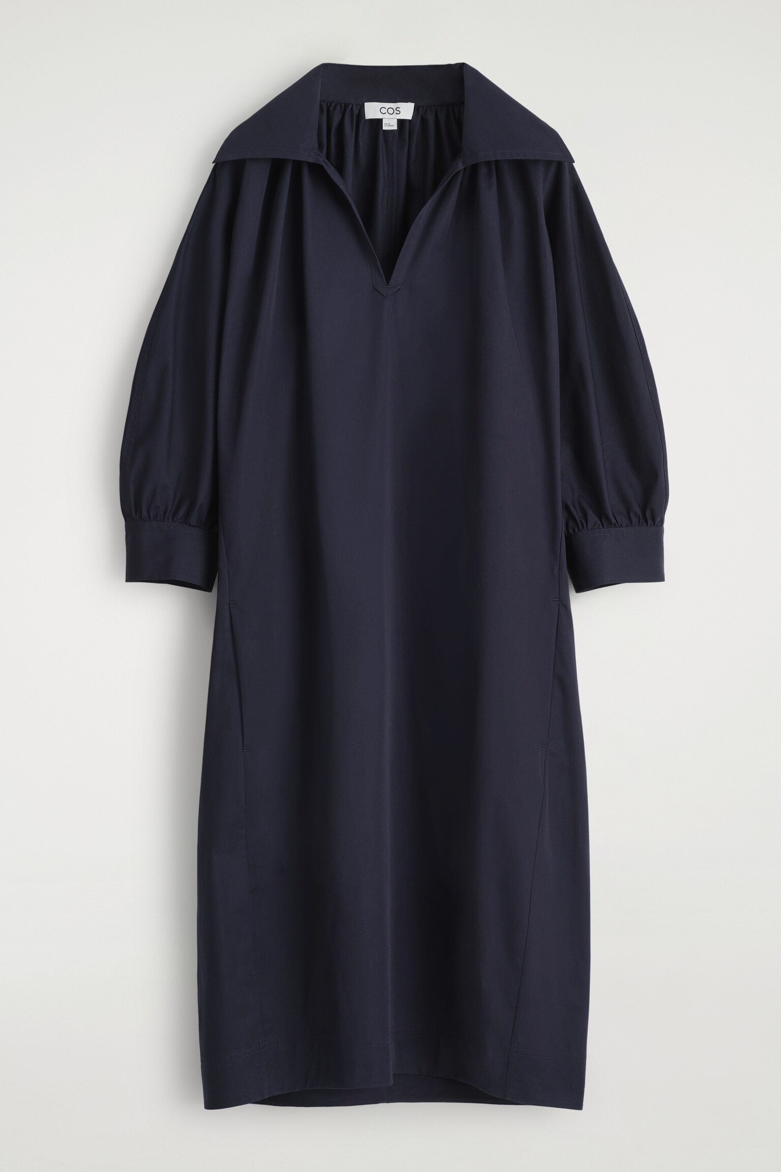 GATHERED COTTON MIDI SHIRT DRESS - NAVY - 2
