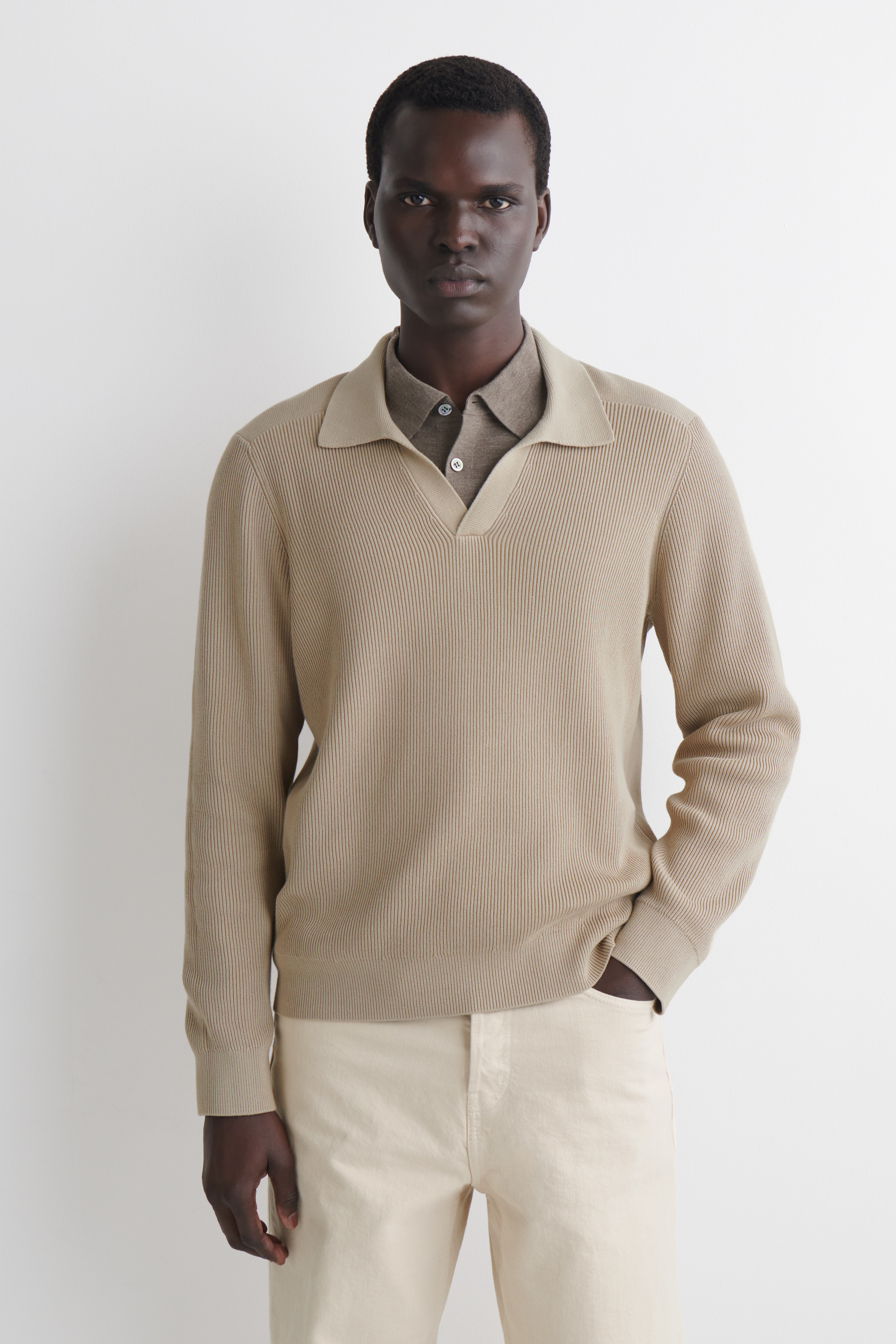COTTON POLO JUMPER - BEIGE/MARINEBLÅ