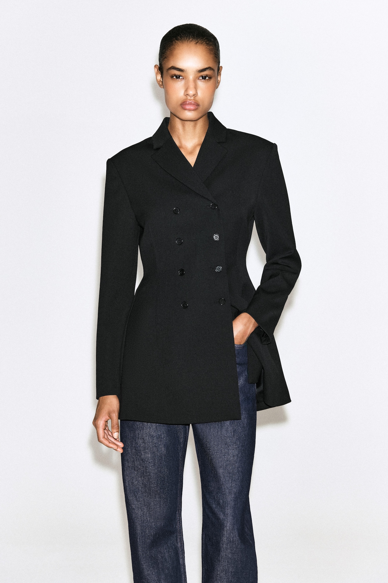 DOUBLE-BREASTED PEPLUM BLAZER — BLACK