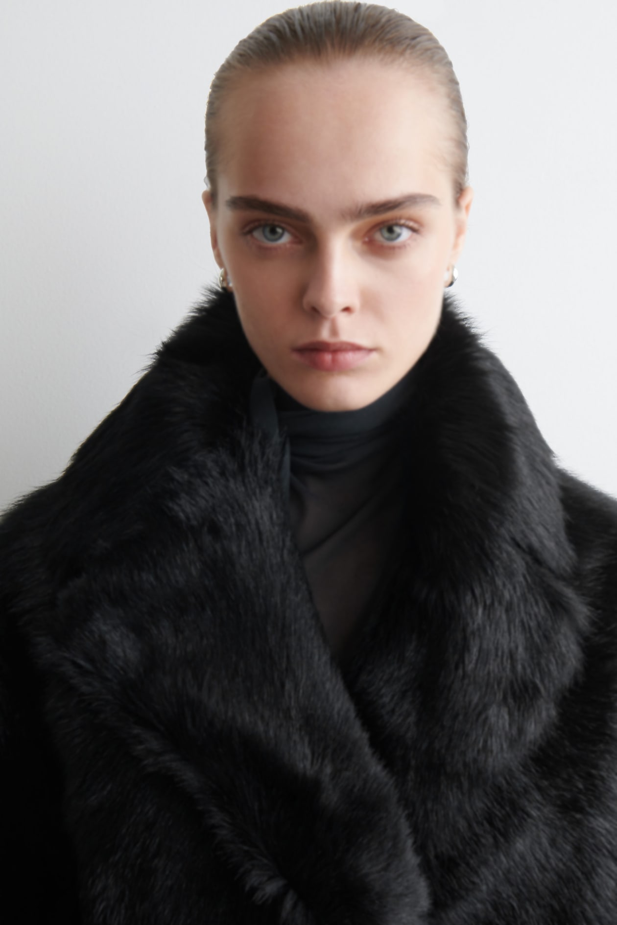 COLLARED PONY HAIR-EFFECT LEATHER JACKET — BLACK