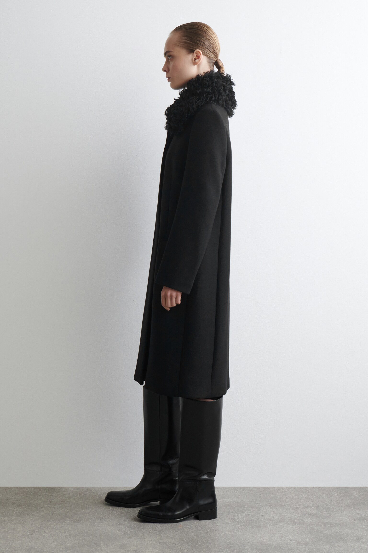 SHEARLING-COLLAR WOOL COAT - BLACK - 3