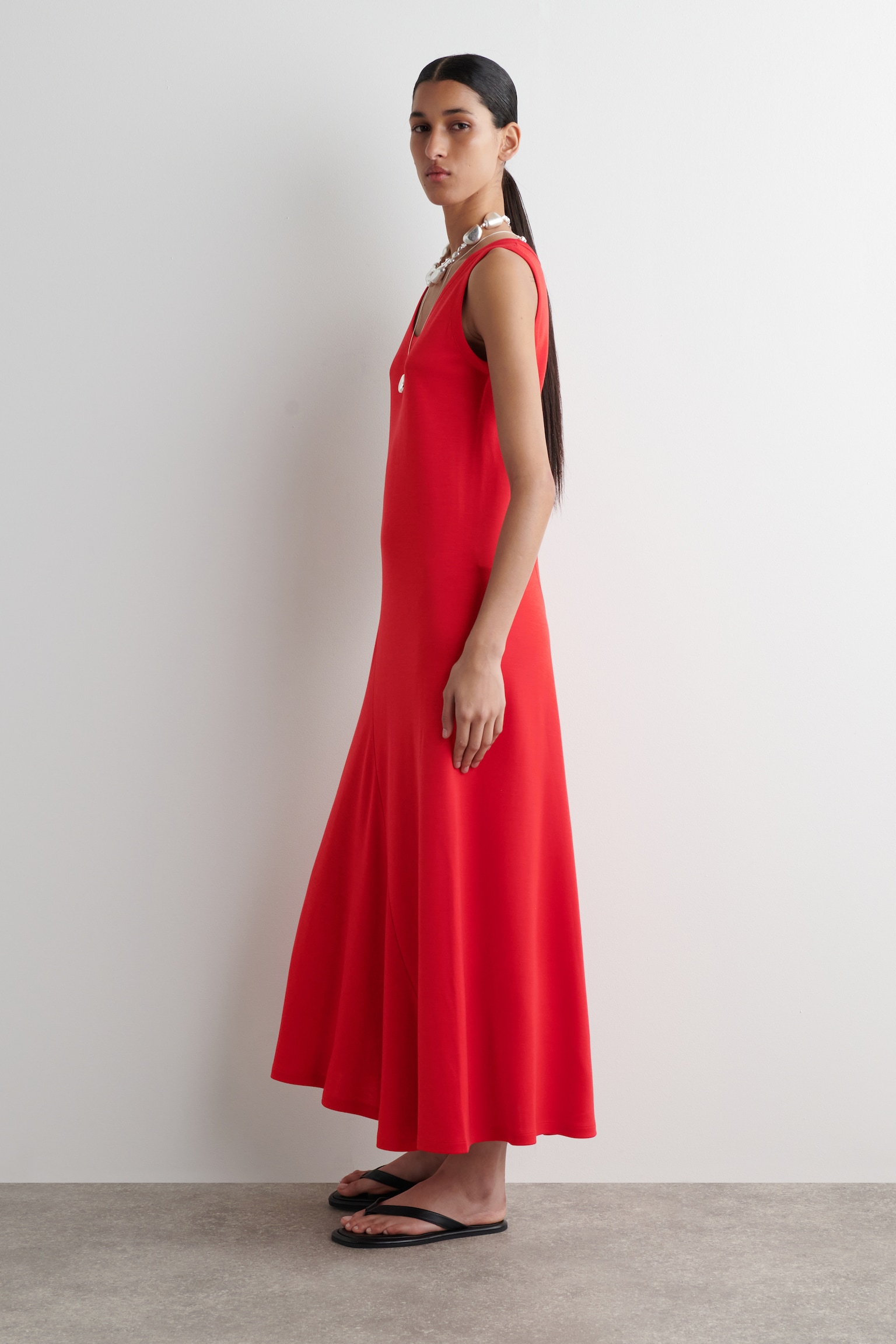 ASYMMETRIC JERSEY MIDI DRESS - RED/BROWN - 7