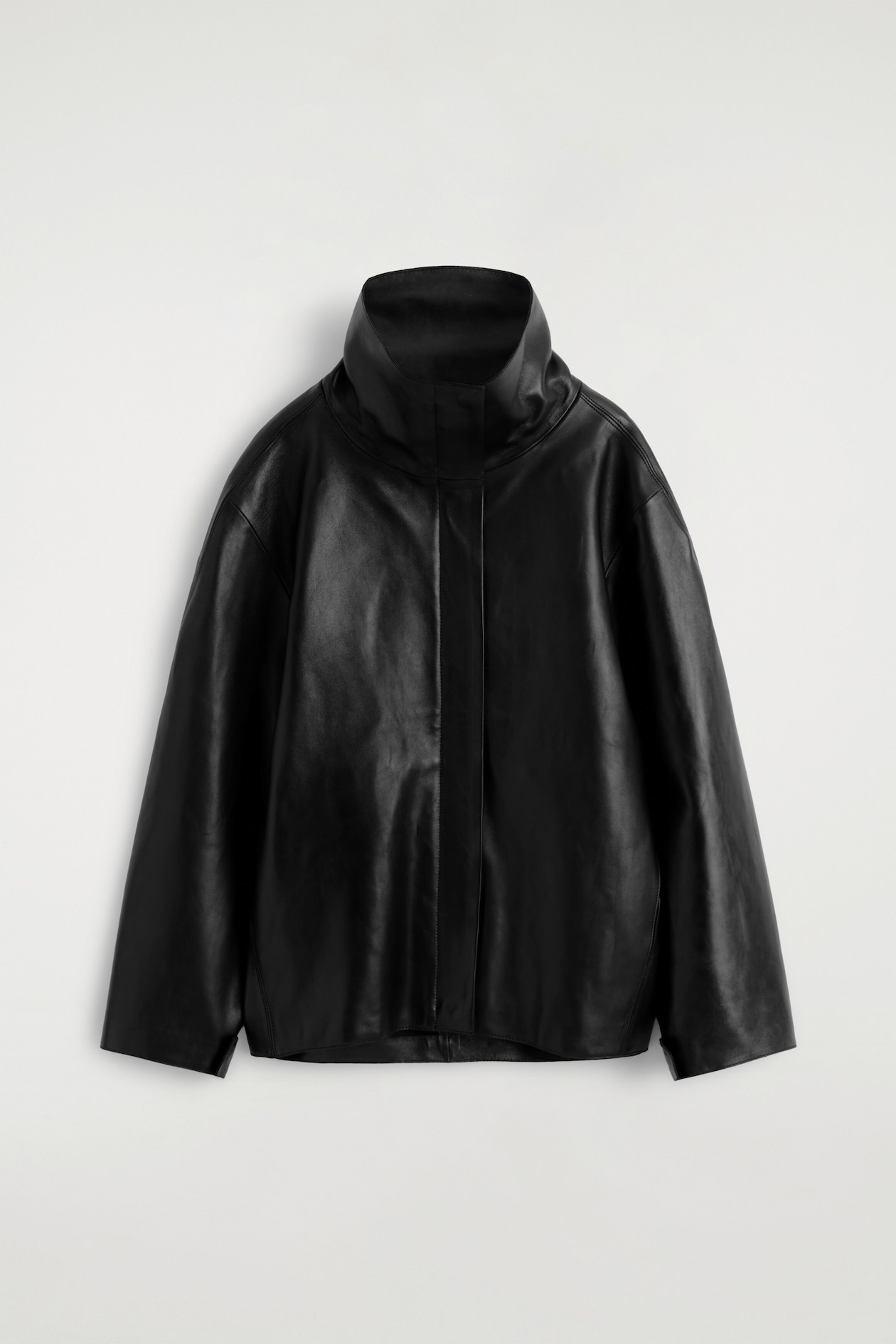 LEATHER FUNNEL-NECK JACKET — BLACK