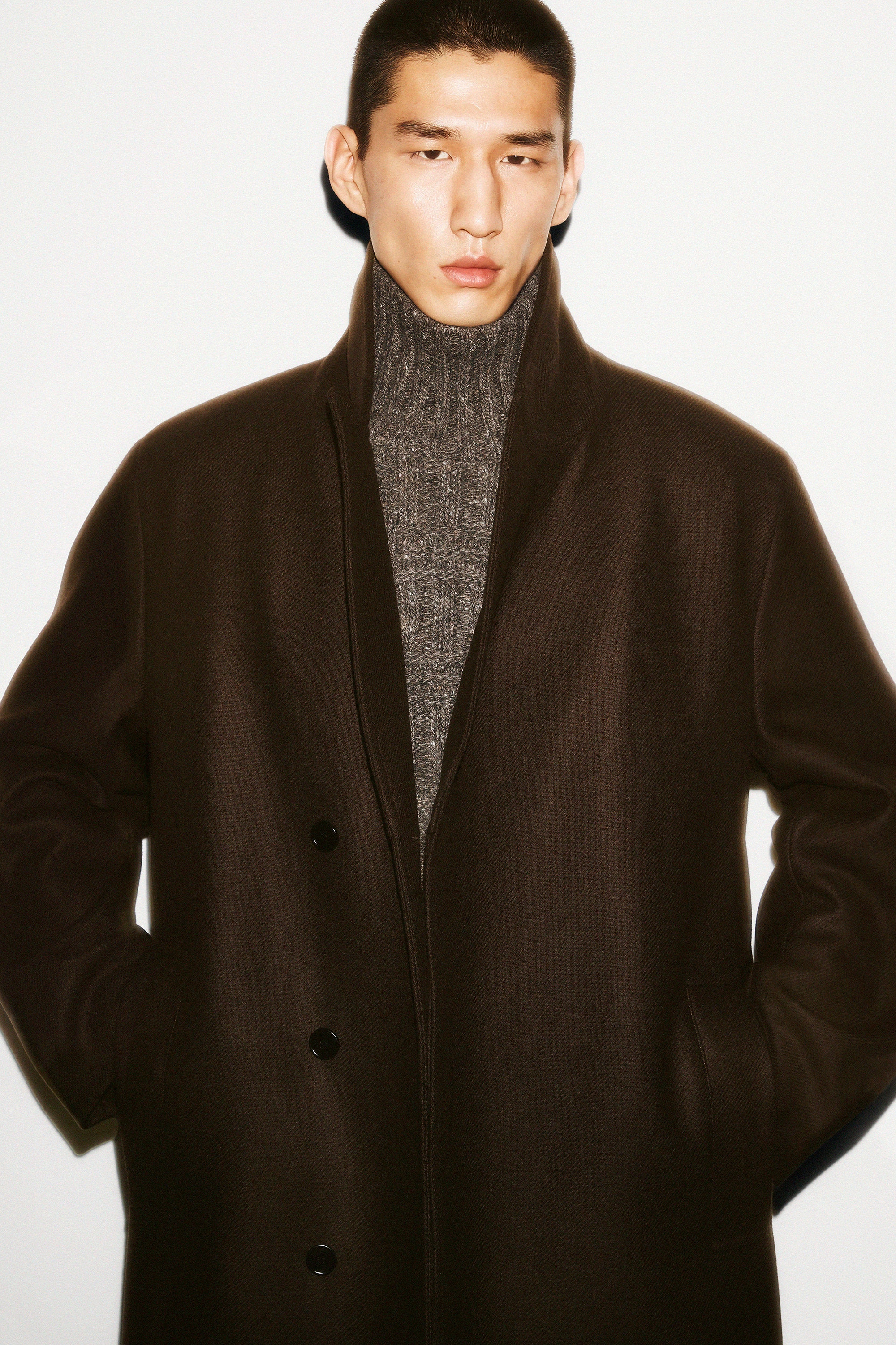 LEATHER-COLLAR WOOL LONG COAT - DARK BROWN | COS US