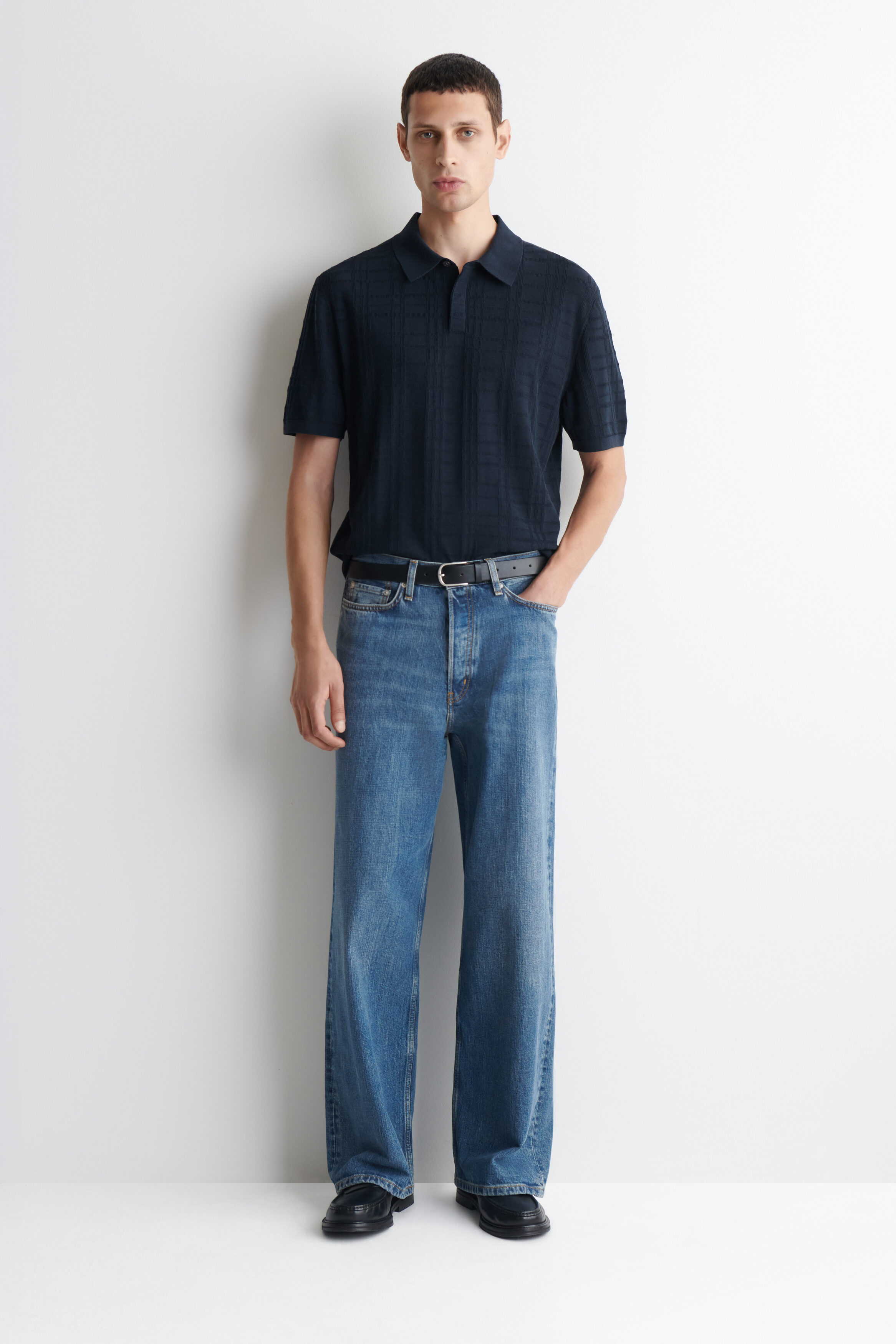 CHECKED JACQUARD-KNIT POLO SHIRT - NAVY / CHECKED | COS US