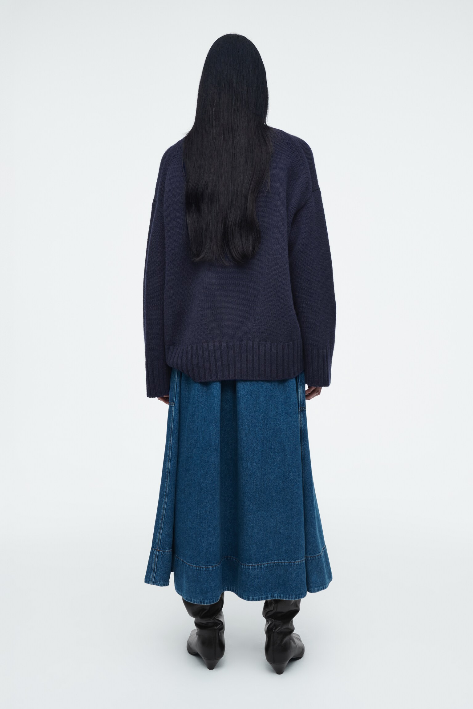ELASTICATED DENIM MIDI SKIRT - BLUE - 6