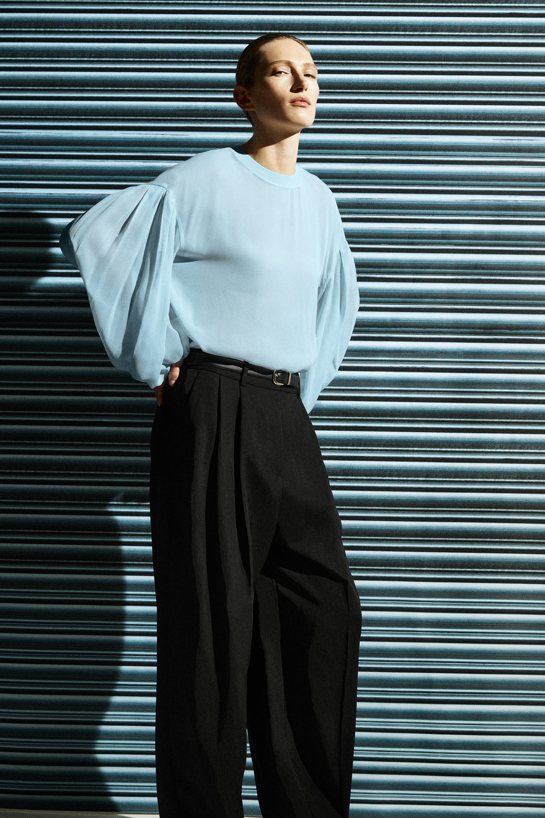 SHEER BALLOON-SLEEVE BLOUSE