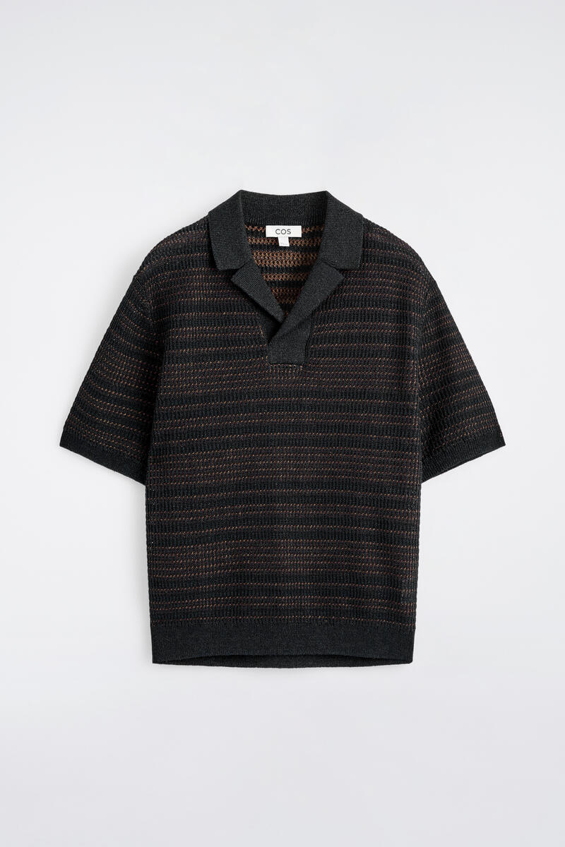 COS Striped Open-Knit Polo Shirt In Navy Men's Extra Large