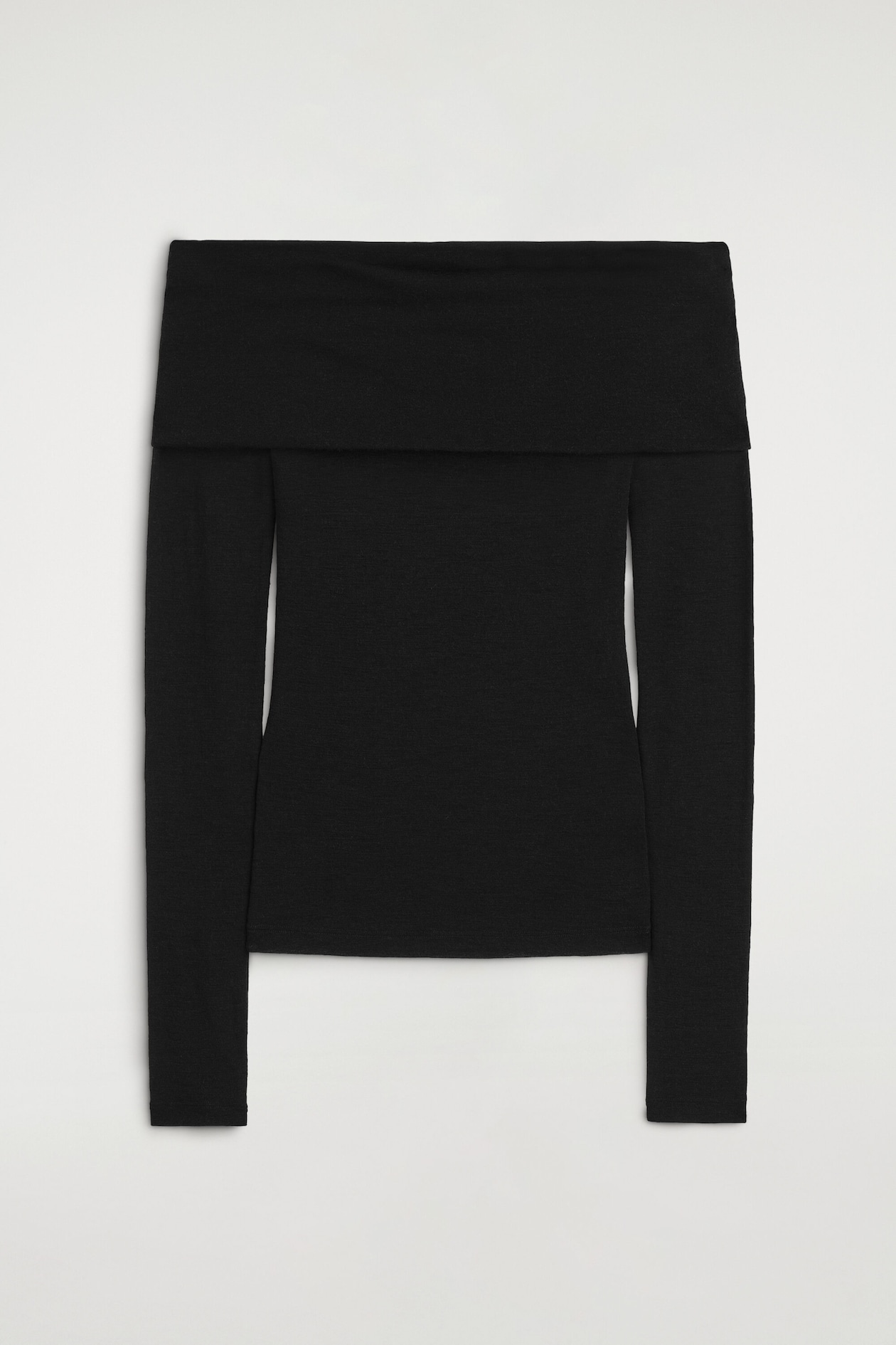From a front view, an off-the-shoulder merino wool top features a wide, straight fold-over neckline. This black fine-knit top has long, slim sleeves, a fitted silhouette, and a straight hem.