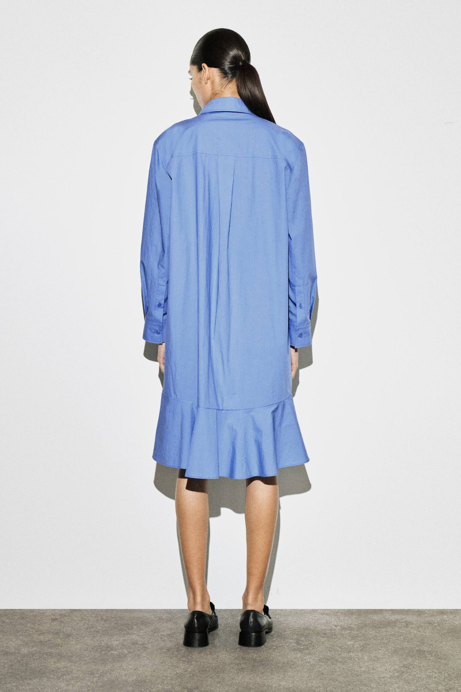 Flared bomulds miniskjortekjole - BLÅ/SORT - 5