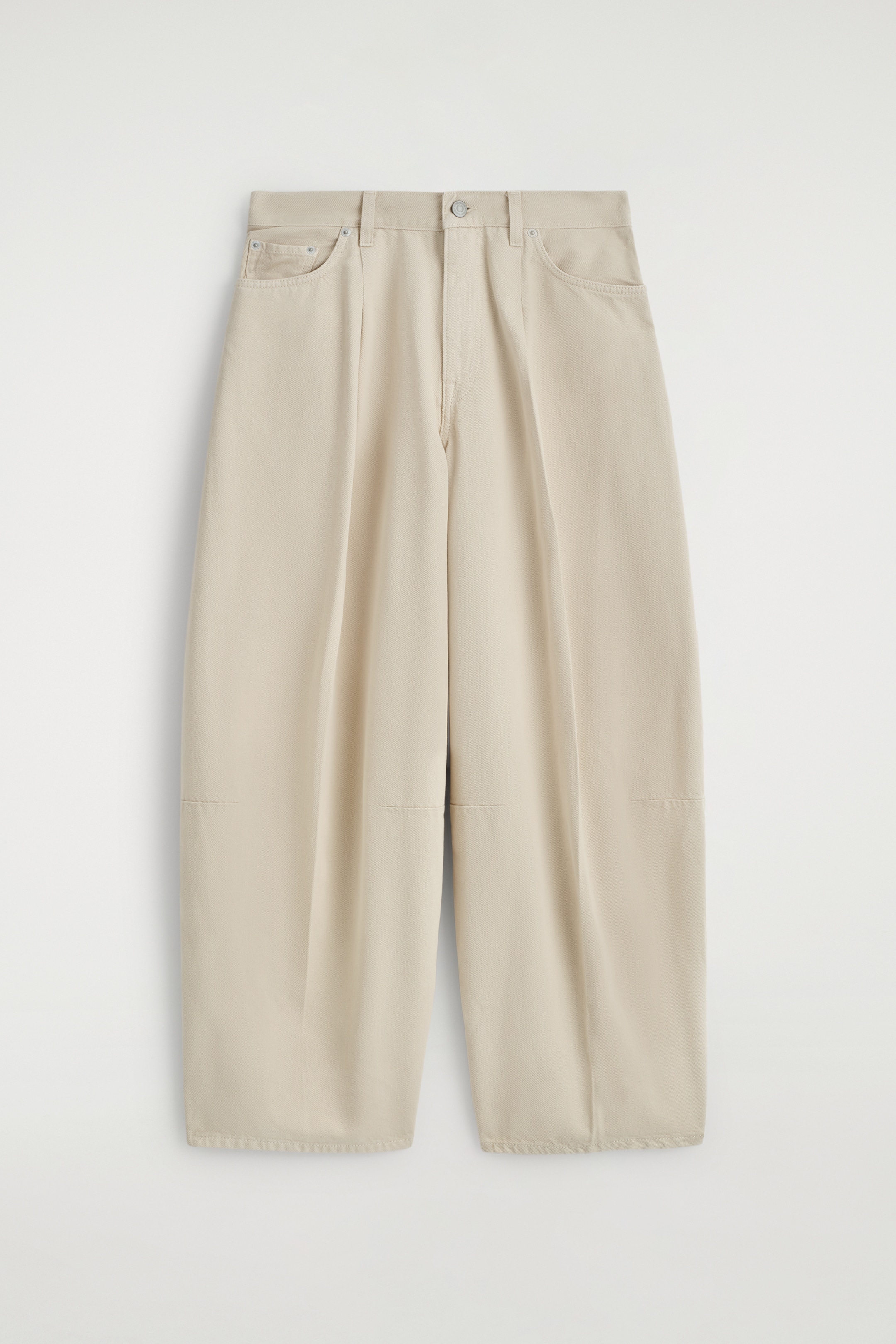 View larger image: The FRONT of dusty-pink barrel-leg jeans is shown, featuring a relaxed fit and mid-rise. They are designed with a button closure, belt loops, front scoop pockets, a coin pocket, and folded pleats running down the front legs, with horizontal seams visible below the knees.