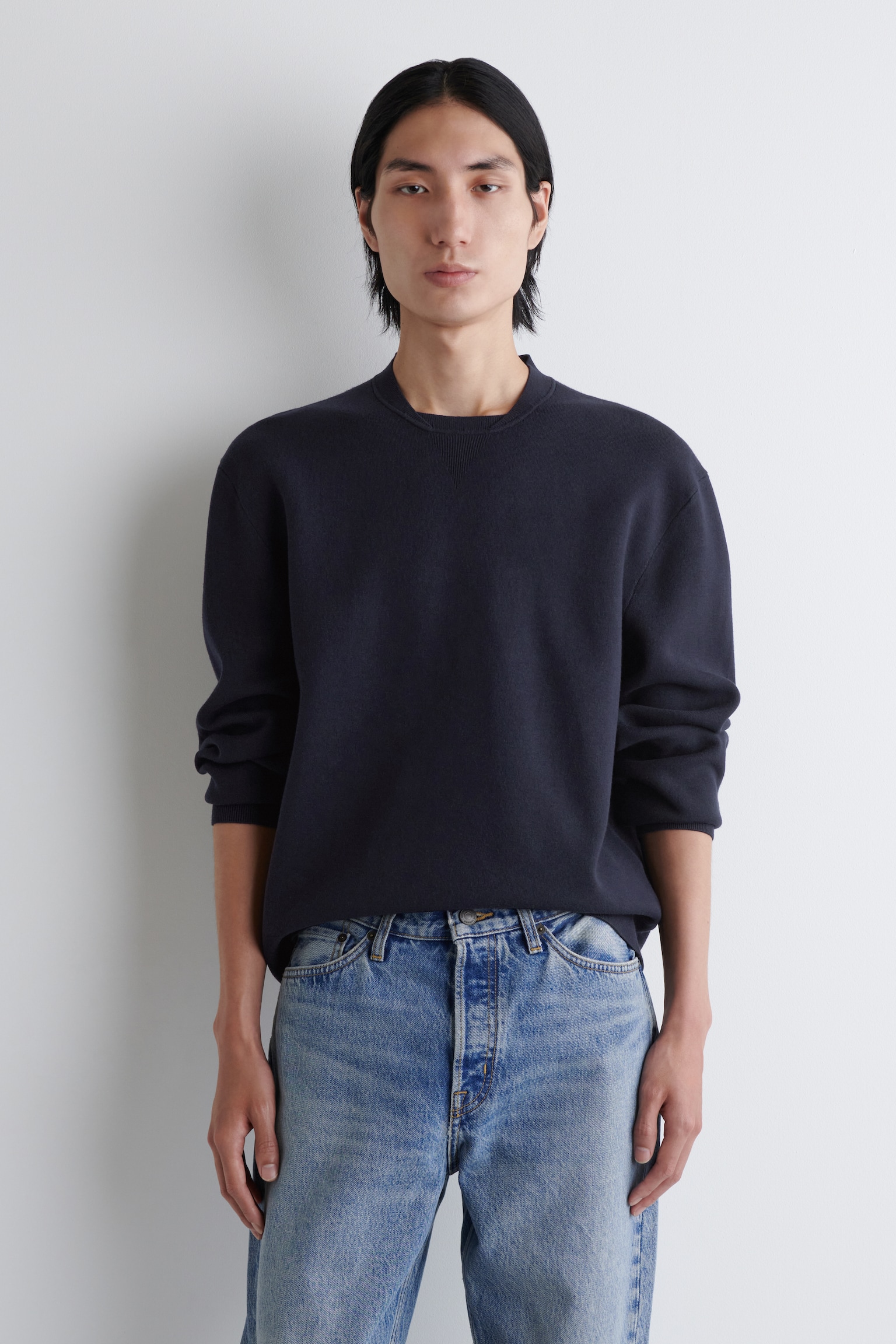 PULL À COL BOMBER EN MAILLE DOUBLE FACE - BLEU MARINE/TAUPE CHINÉ/ÉCRU