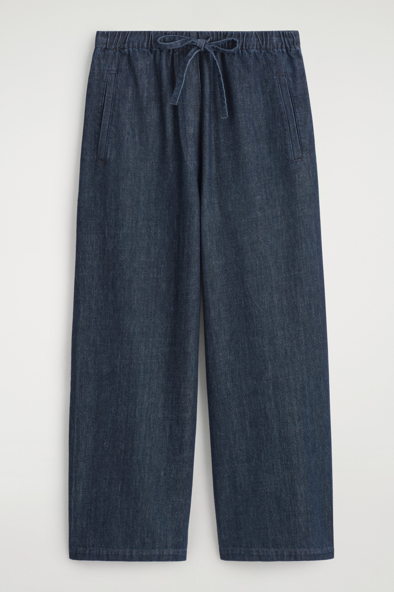CROPPED DENIM WIDE-LEG TROUSERS — DARK BLUE