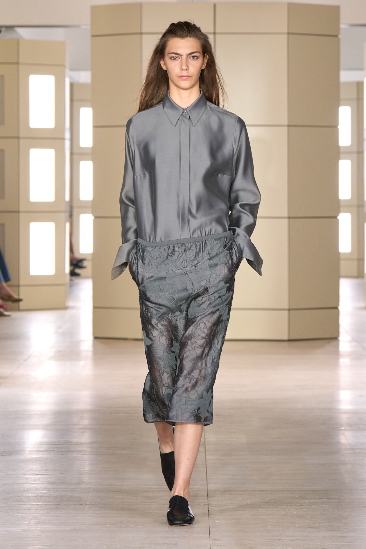 EMBROIDERED SHEER COLUMN SKIRT — HEATHER