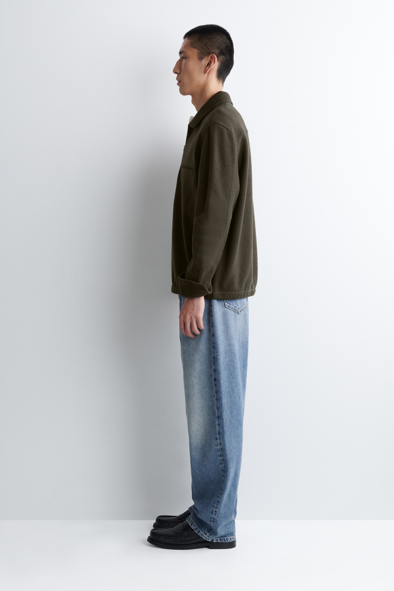 BOILED-WOOL ZIP-UP POLO JUMPER - KHAKI/CREAM/NAVY - 5