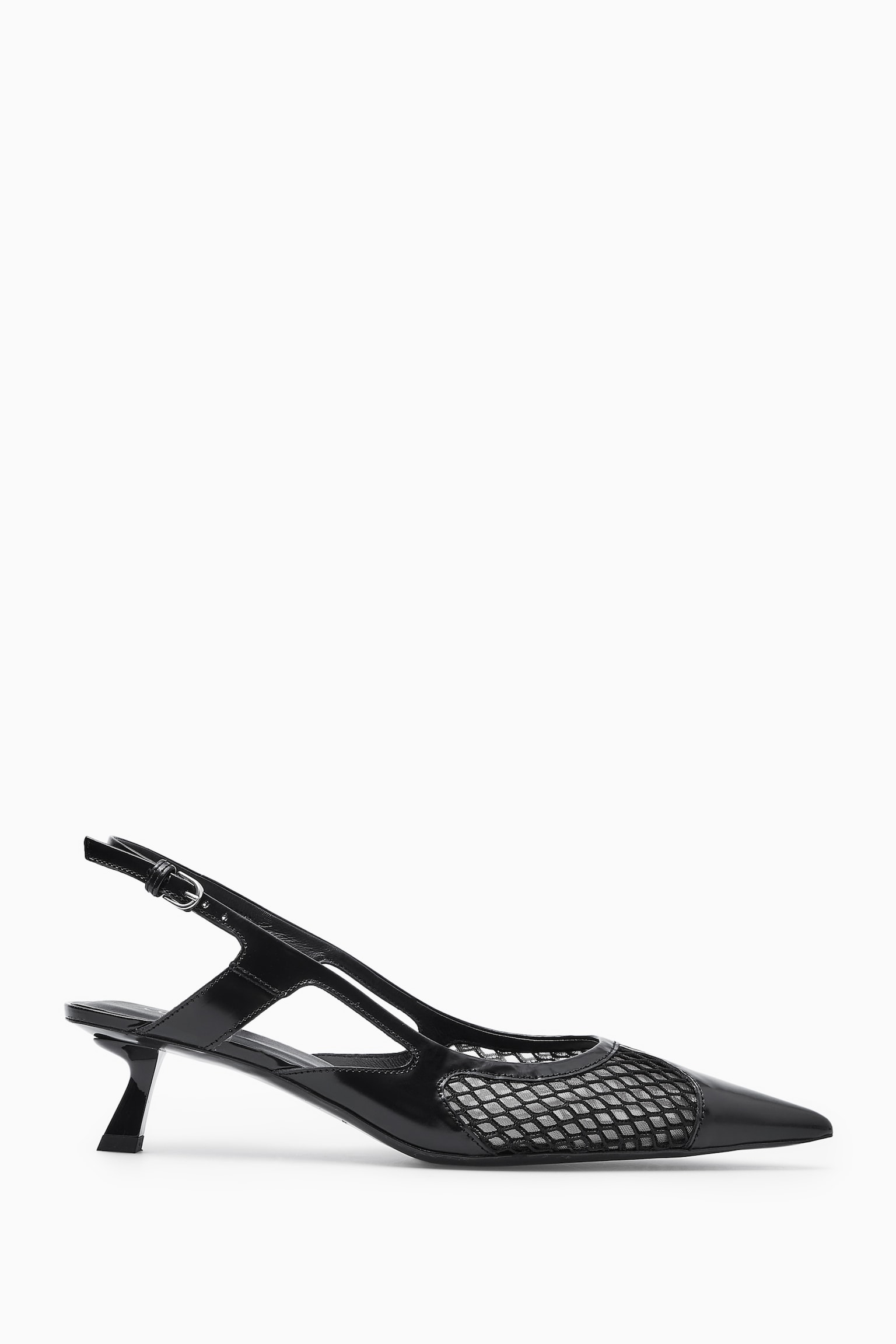 POINTED MESH SLINGBACK KITTEN HEELS - BLACK/OFF-WHITE