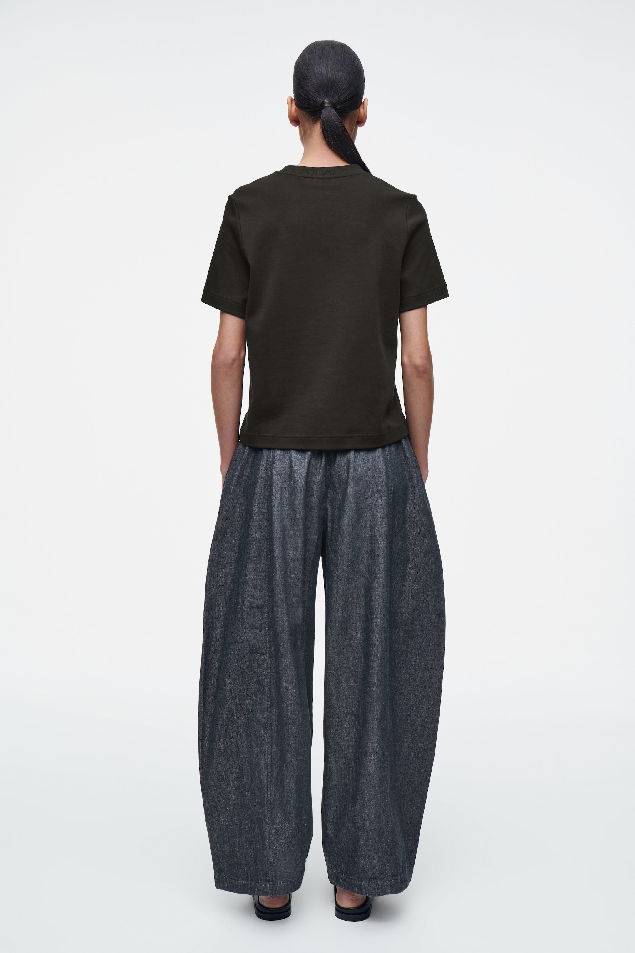 BARREL-LEG DENIM DRAWSTRING PANTS