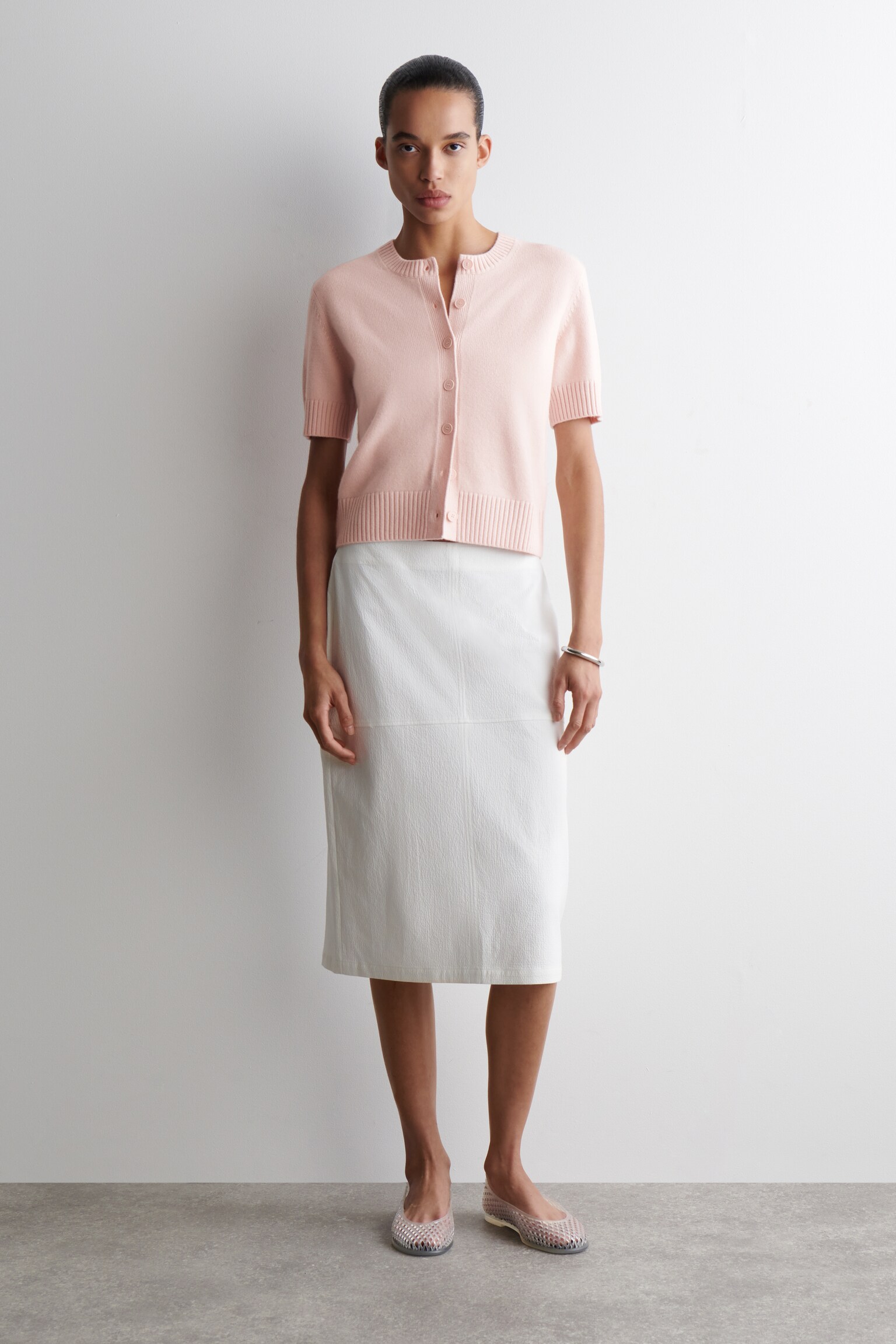 MERINO WOOL SHORT-SLEEVED CARDIGAN - PINK/MOLE - 7