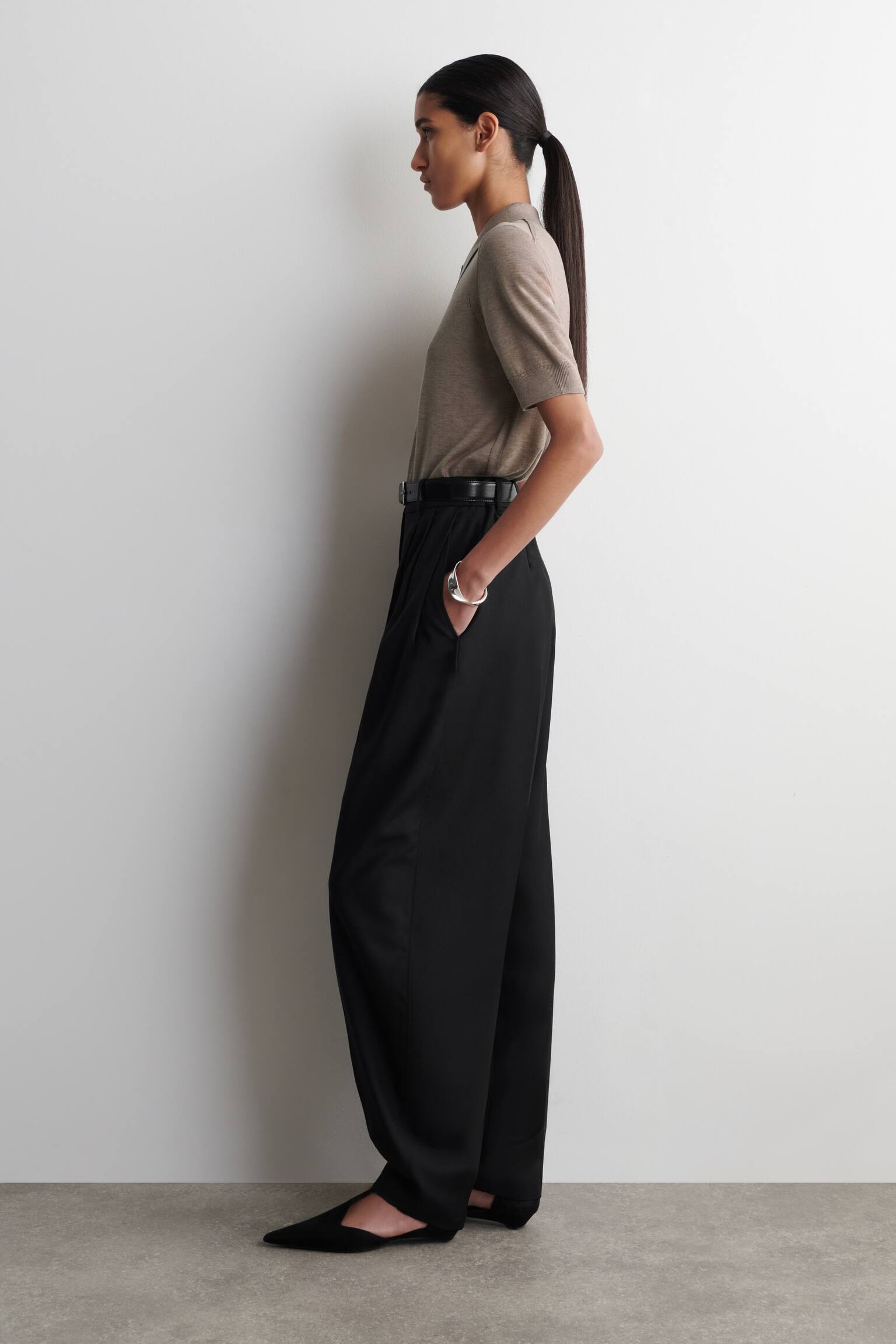 SHRUNKEN WOOL-BLEND POLO SHIRT - BEIGE  MÉLANGE/BLUE - 6