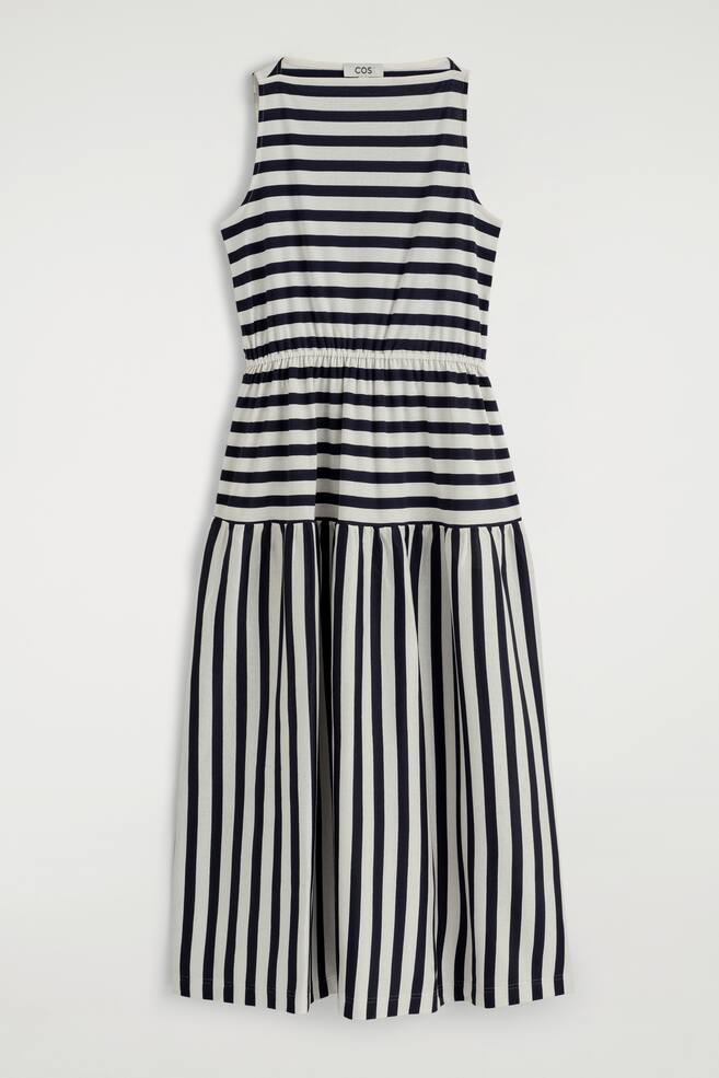 ROBE MIDI À ENCOLURE BATEAU FRONCÉE - BLEU MARINE / BLANC / RAYURES/MARINE - 1