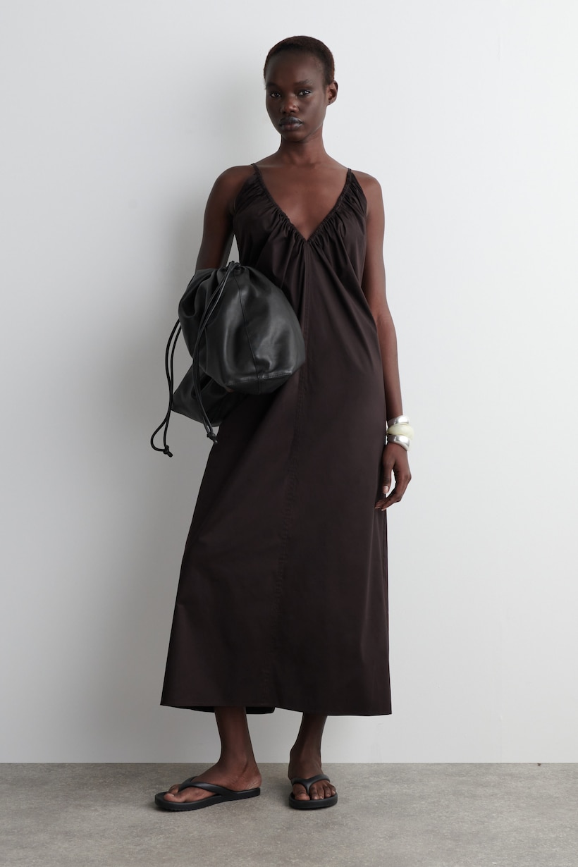 knee length dresses for ladies Austin Convertible Maxi Dress in brown| Mocha brown Oversized Maxi Dress |  Guest wedding dress