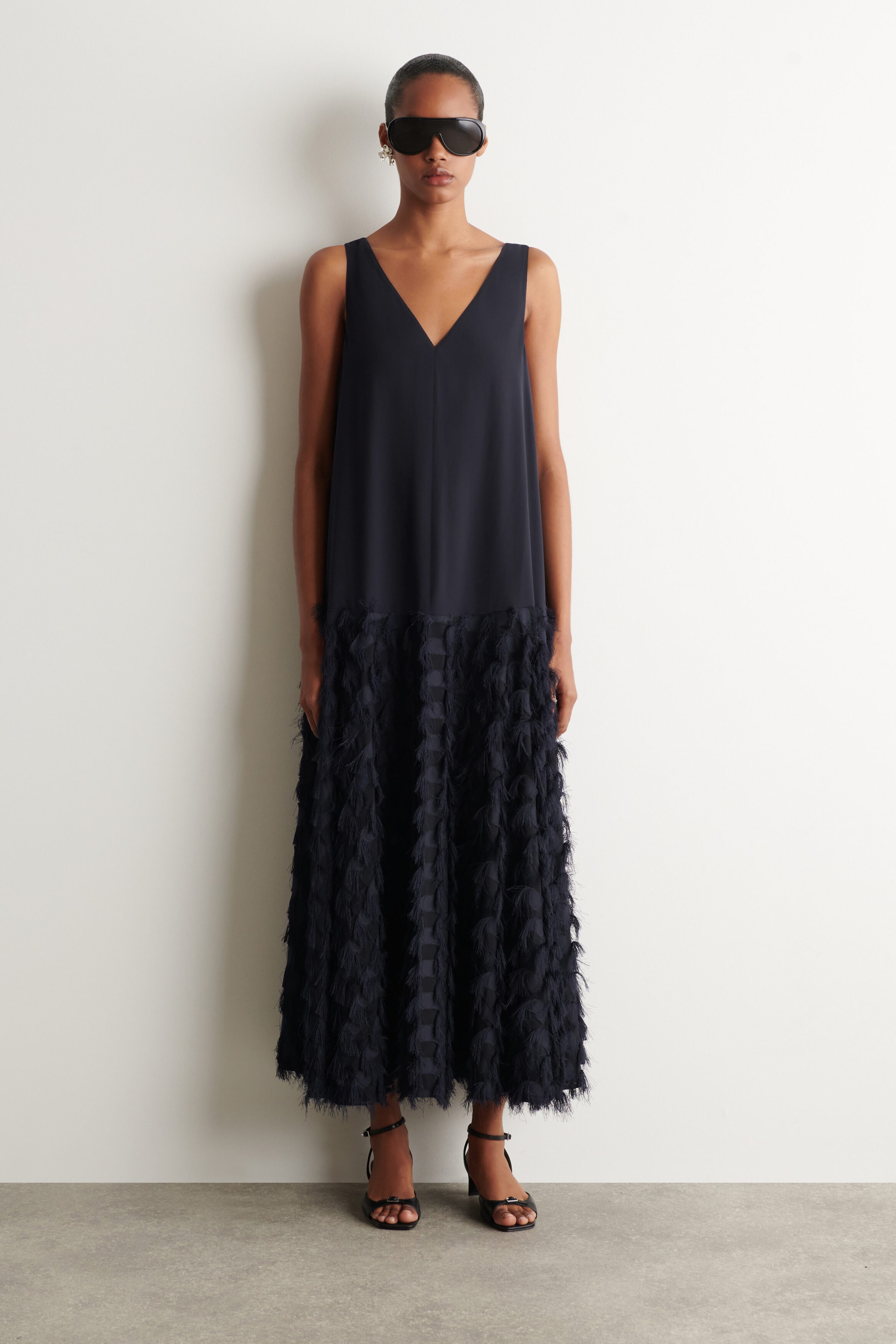 cos navy maxi dress TEXTURED DROPPED-WAIST MAXI DRESS - NAVY