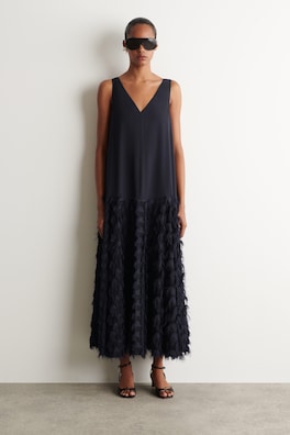 TEXTURED DROPPED-WAIST MAXI DRESS — NAVY 1