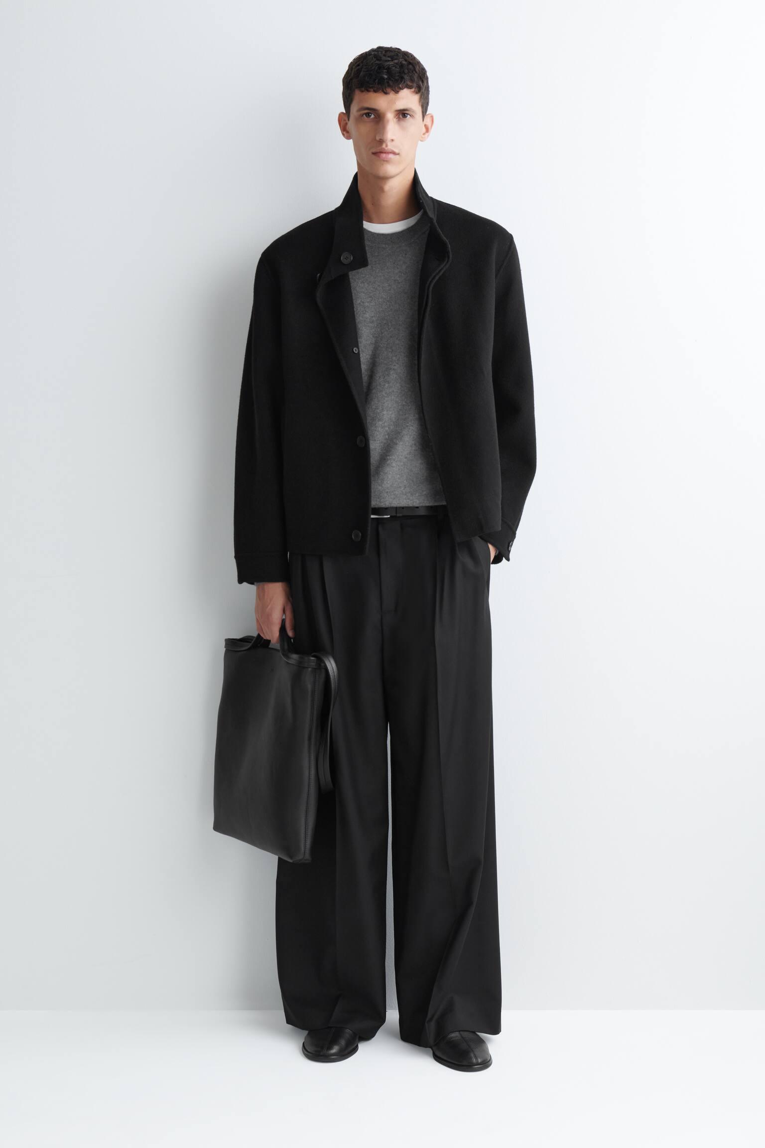 PLEATED RELAXED-FIT WIDE-LEG TROUSERS - BLACK/NAVY / PINSTRIPED - 1