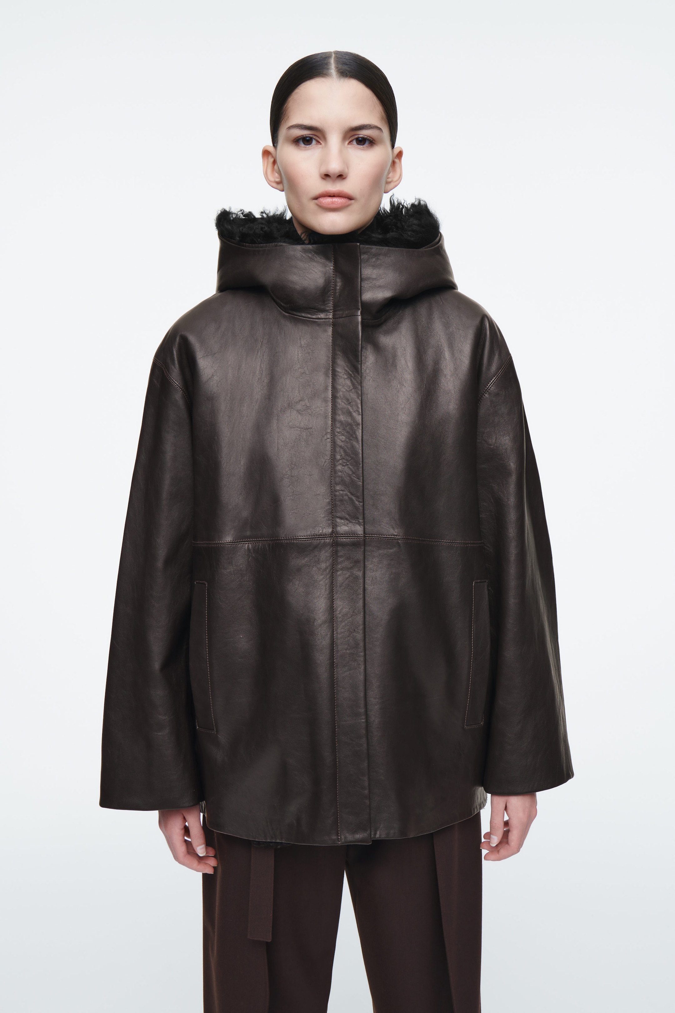 SHEARLING-LINED NAPPA HOODED JACKET