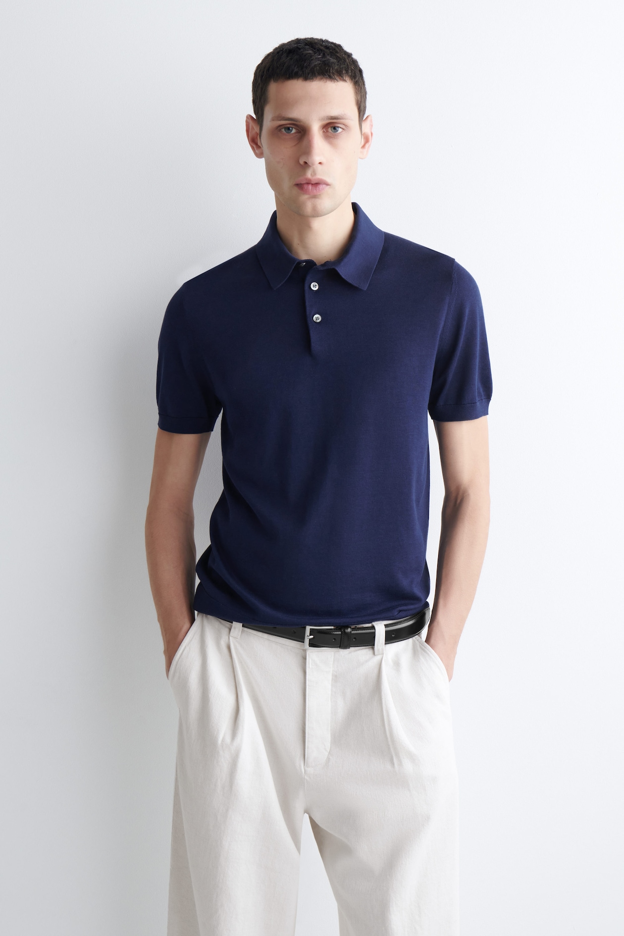 SLIM KNITTED SILK POLO SHIRT — BLUE