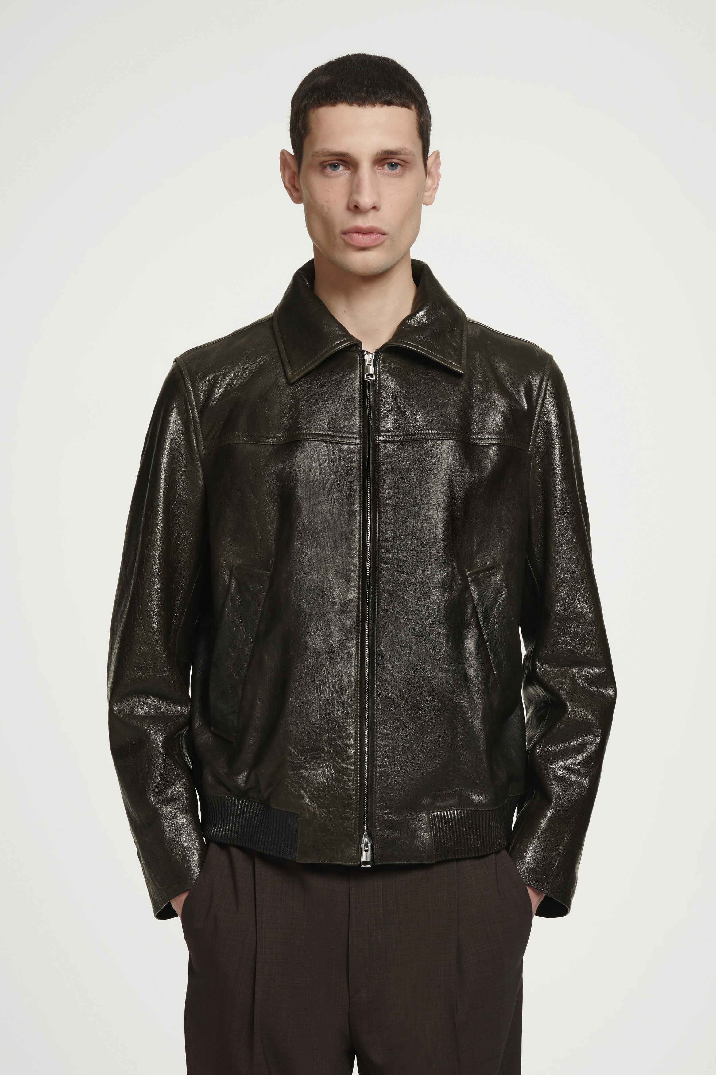 COS コス フレンチ ワークジャケット レザーカラー ブラック 黒 S LEATHER-COLLAR FIELD JACKET レザーカラーフィールドジャケット