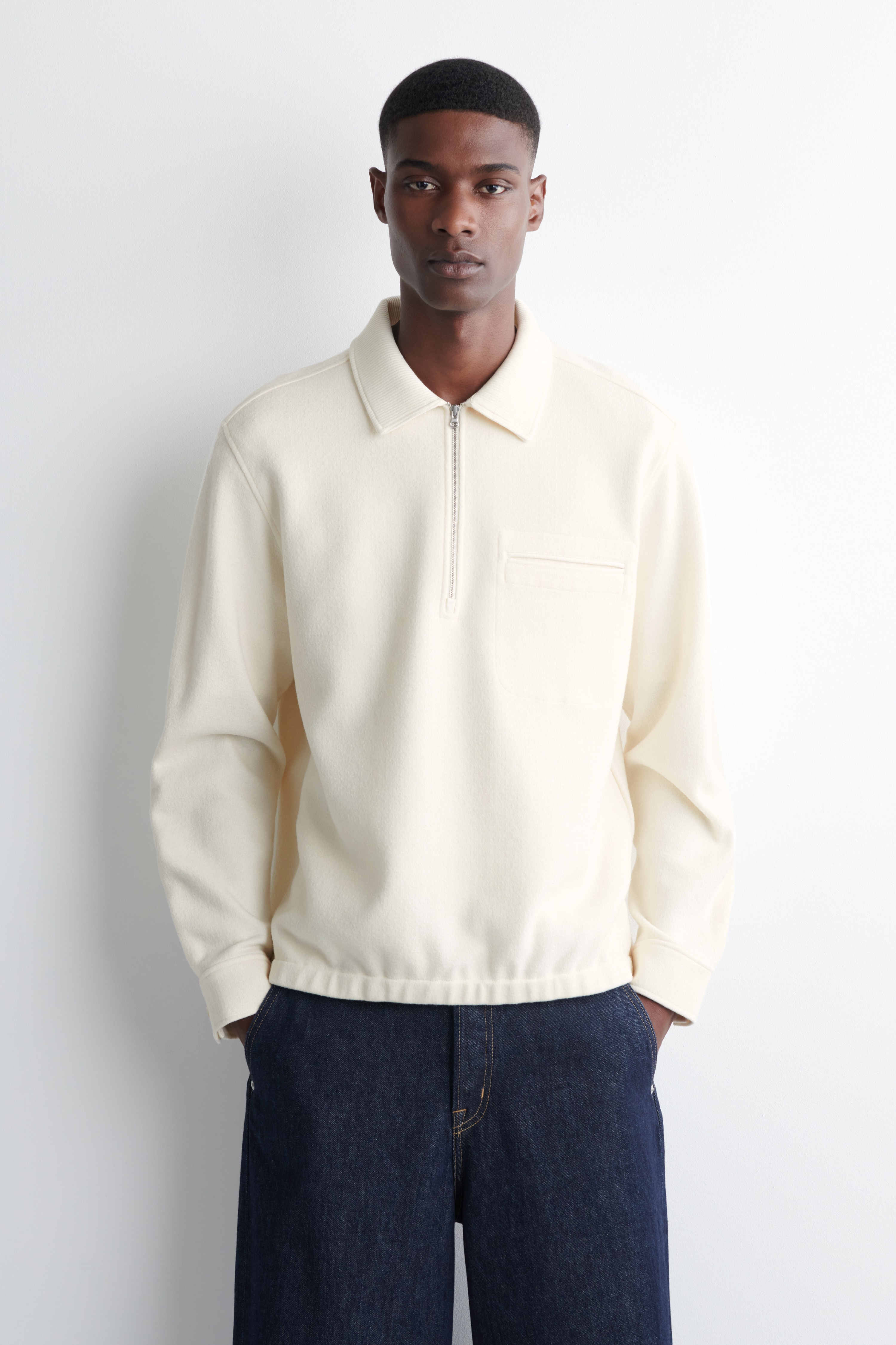 BOILED-WOOL ZIP-UP POLO JUMPER - OFF-WHITE/NAVY/KHAKI