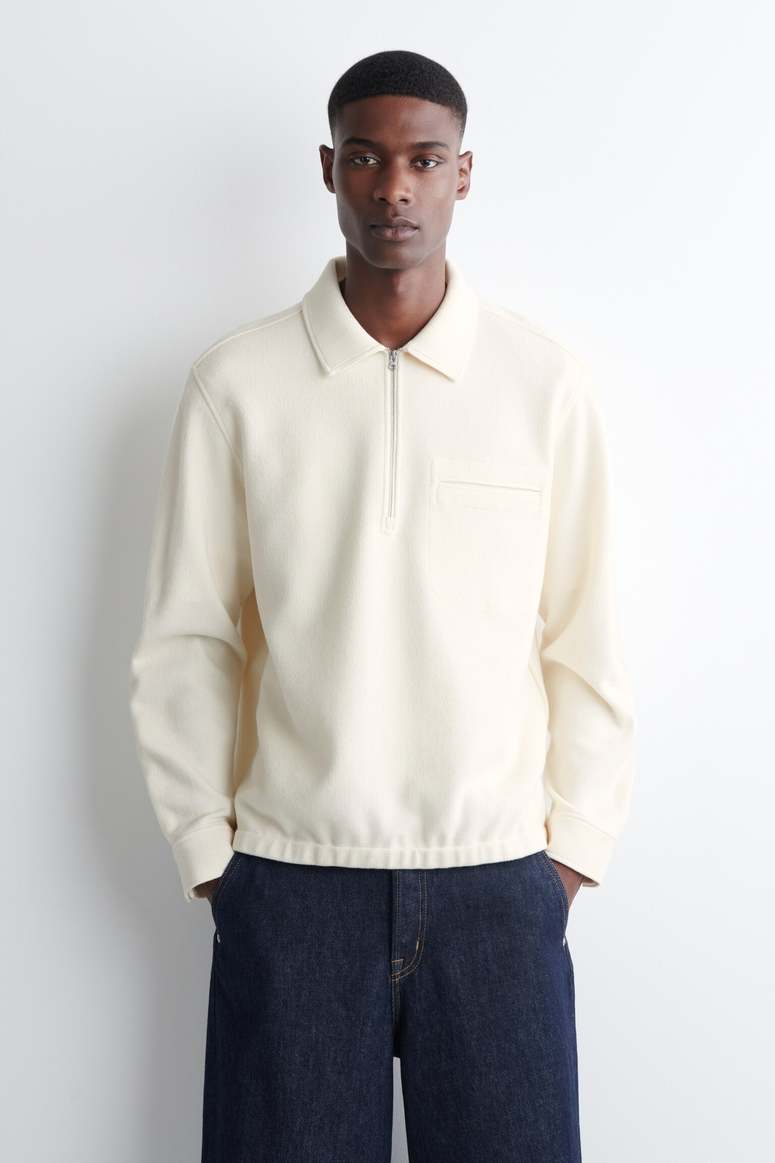 BOILED-WOOL ZIP-UP POLO JUMPER - CREAM/KHAKI/NAVY - 1
