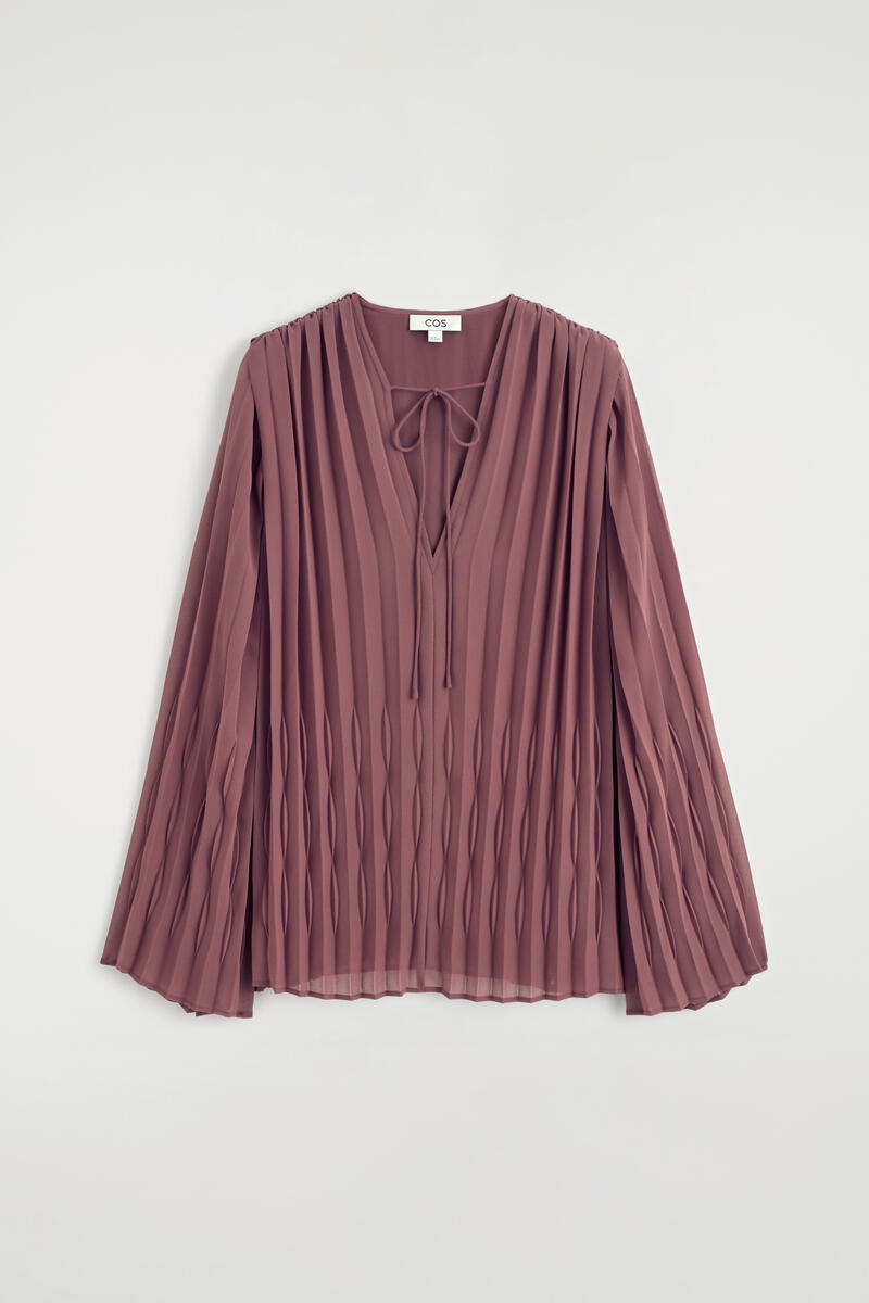 Tie-Front Pleated Georgette Blouse in Brown