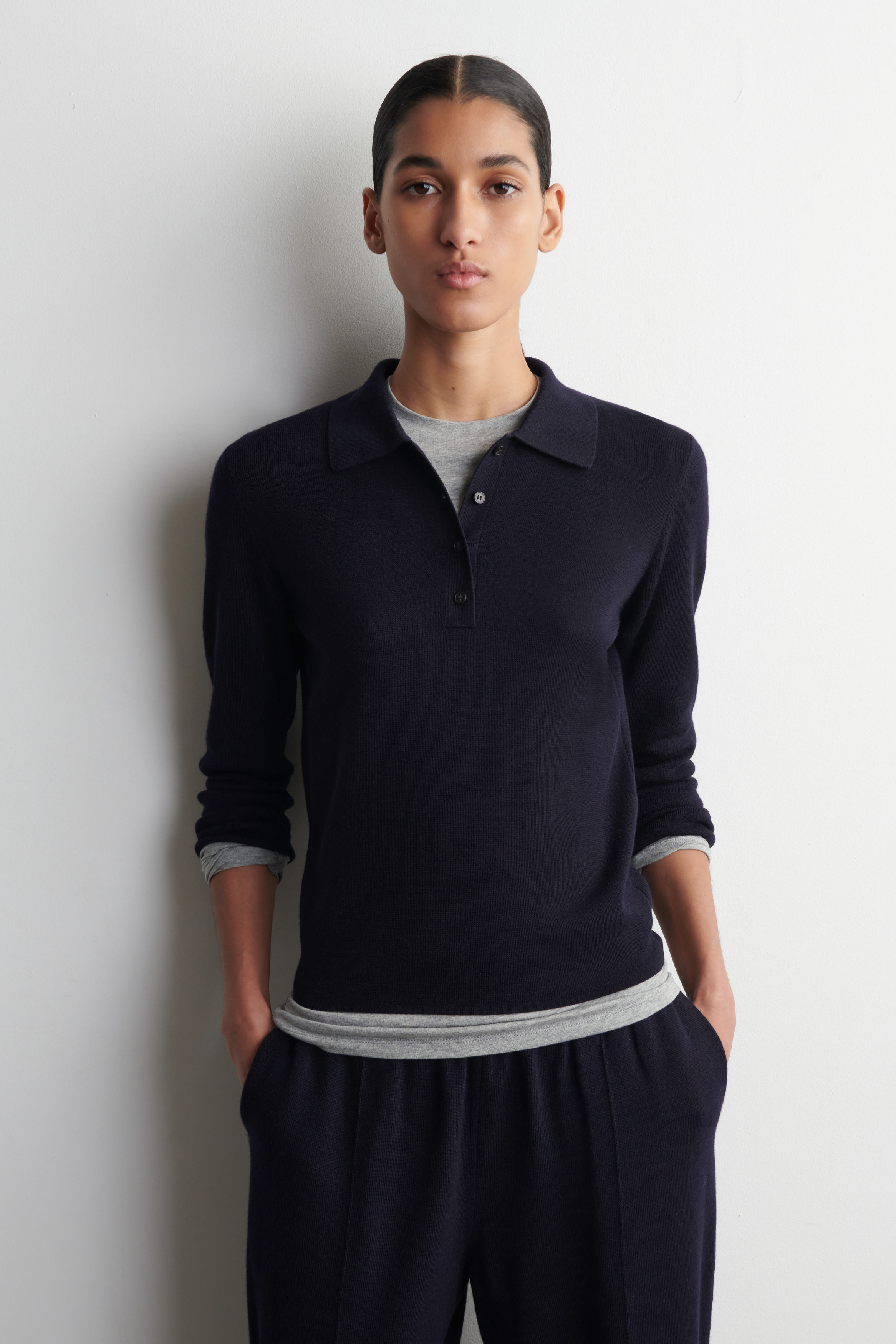CROPPED-SLEEVE MERINO WOOL POLO SHIRT - NAVY | COS US