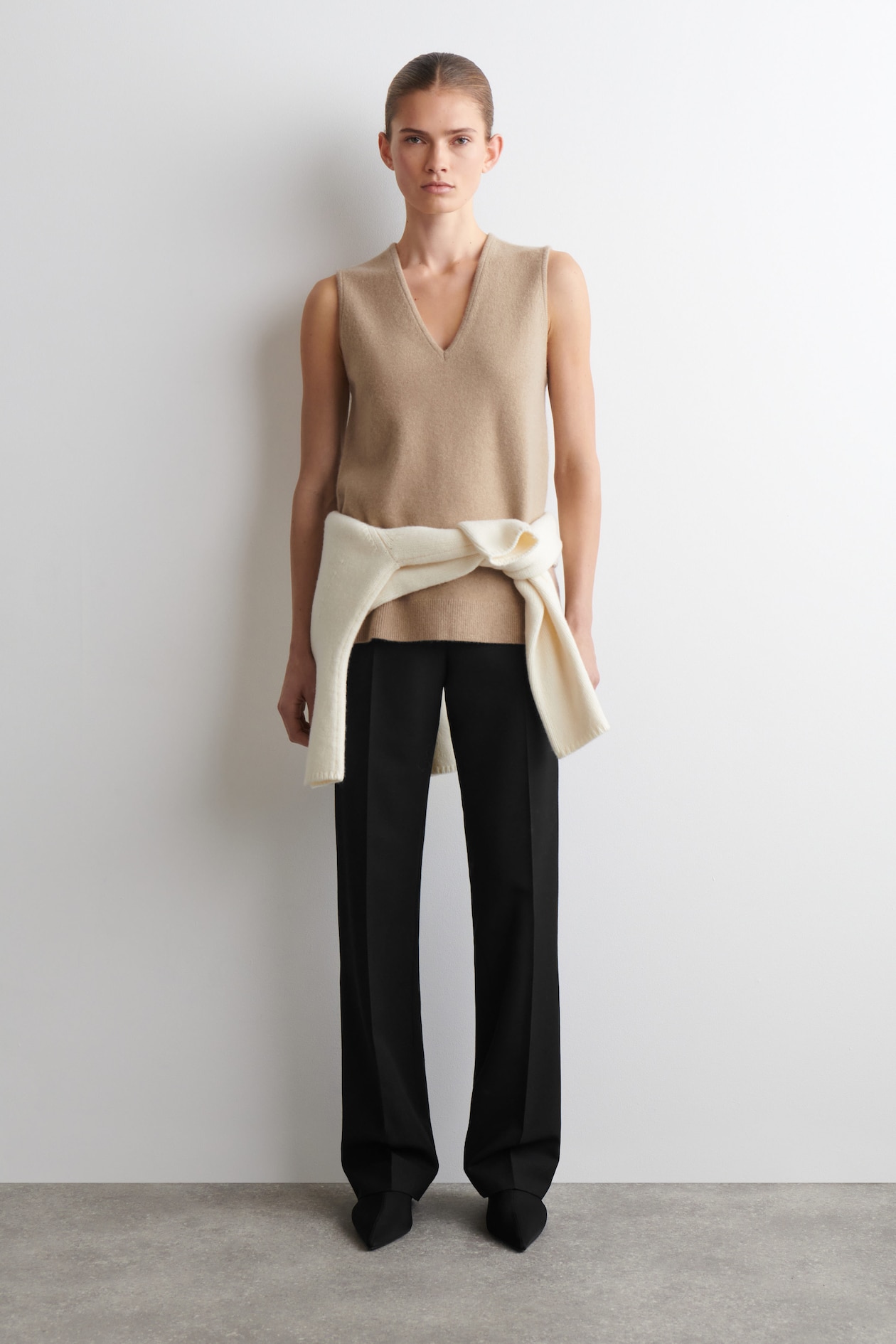 WOOL V-NECK TUNIC VEST — BEIGE MÉLANGE