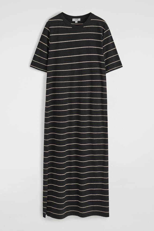 COTTON-LINEN MAXI T-SHIRT DRESS - BLACK / WHITE / STRIPED/BROWN - 1