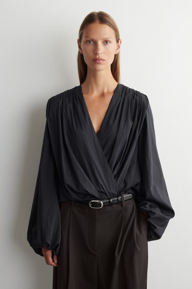 GATHERED WRAP-OVER BLOUSE — CHARCOAL