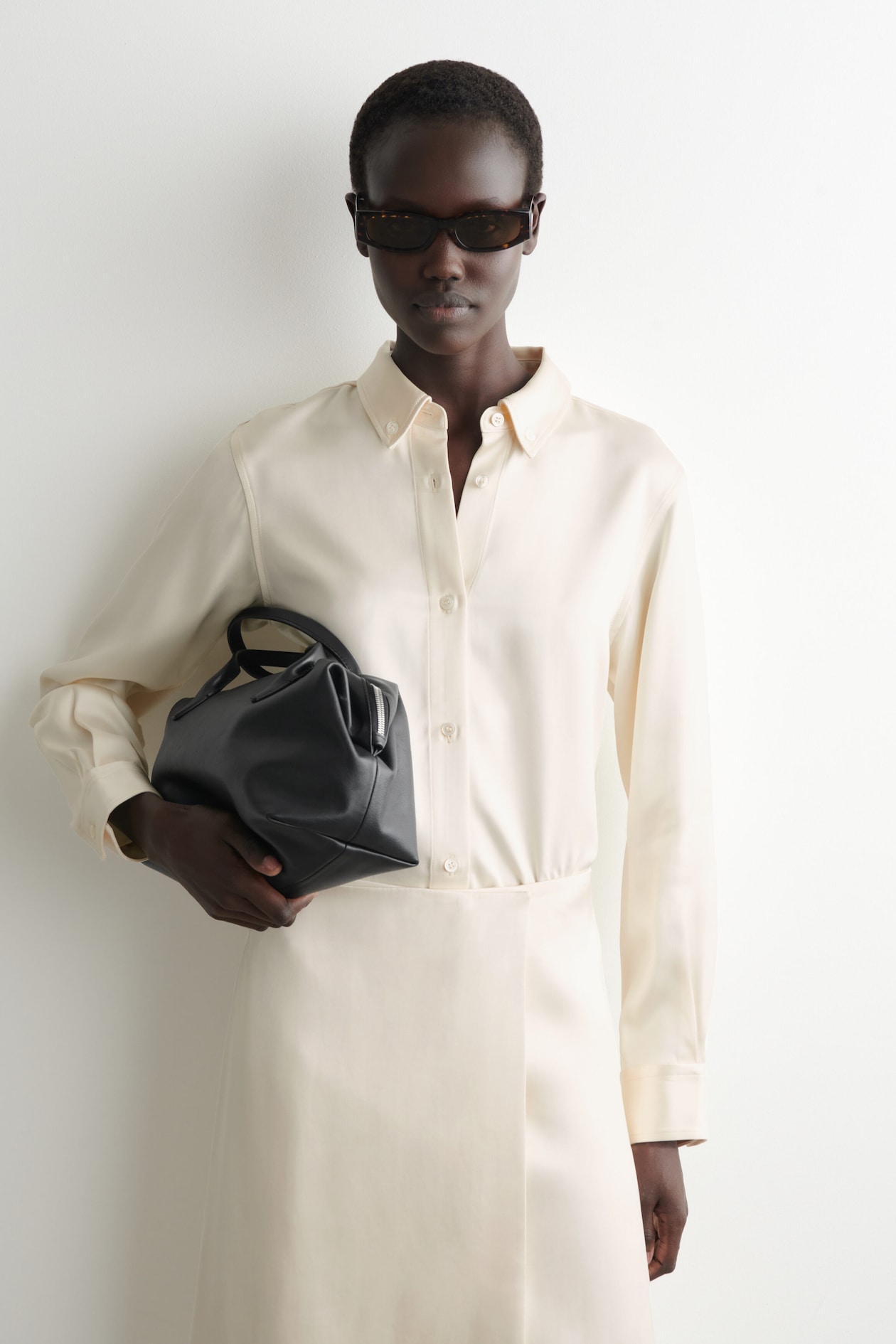 BUTTON-DOWN COLLAR SATIN SHIRT — WHITE