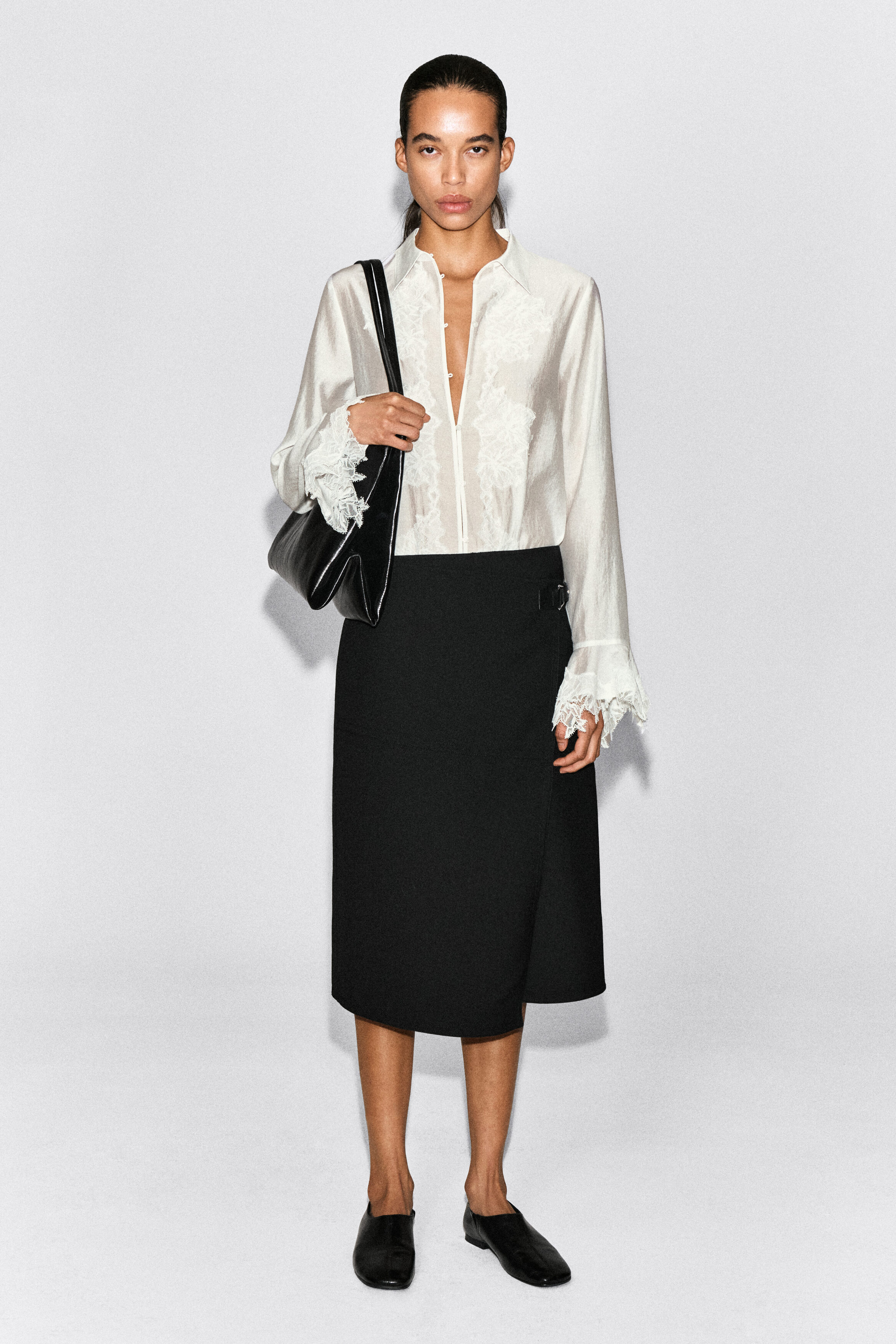 LEATHER-BELT WOOL-TWILL MIDI SKIRT - thumbnail 2