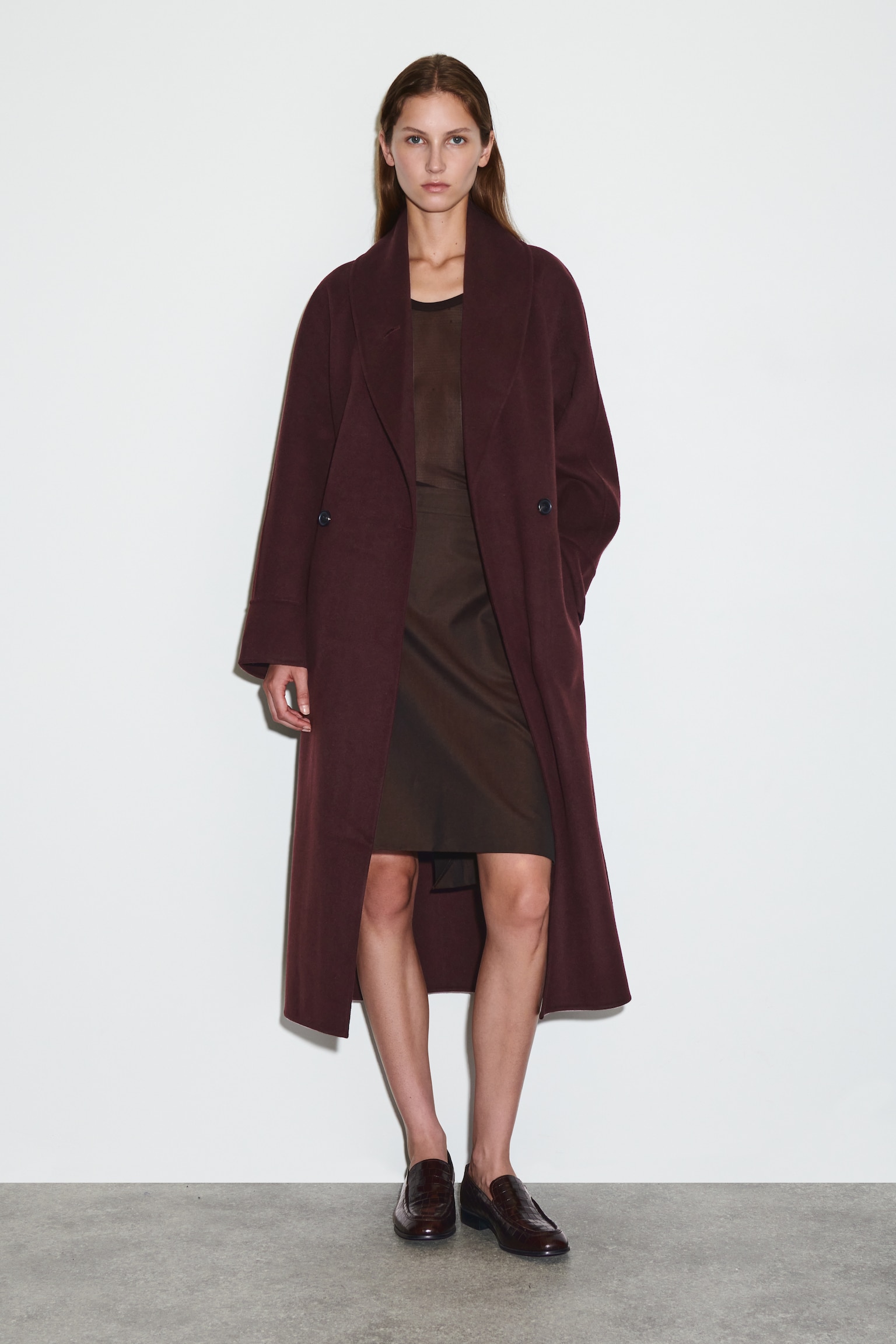 BELTED DOUBLE-FACED WOOL COAT - BURGUNDY/BLACK