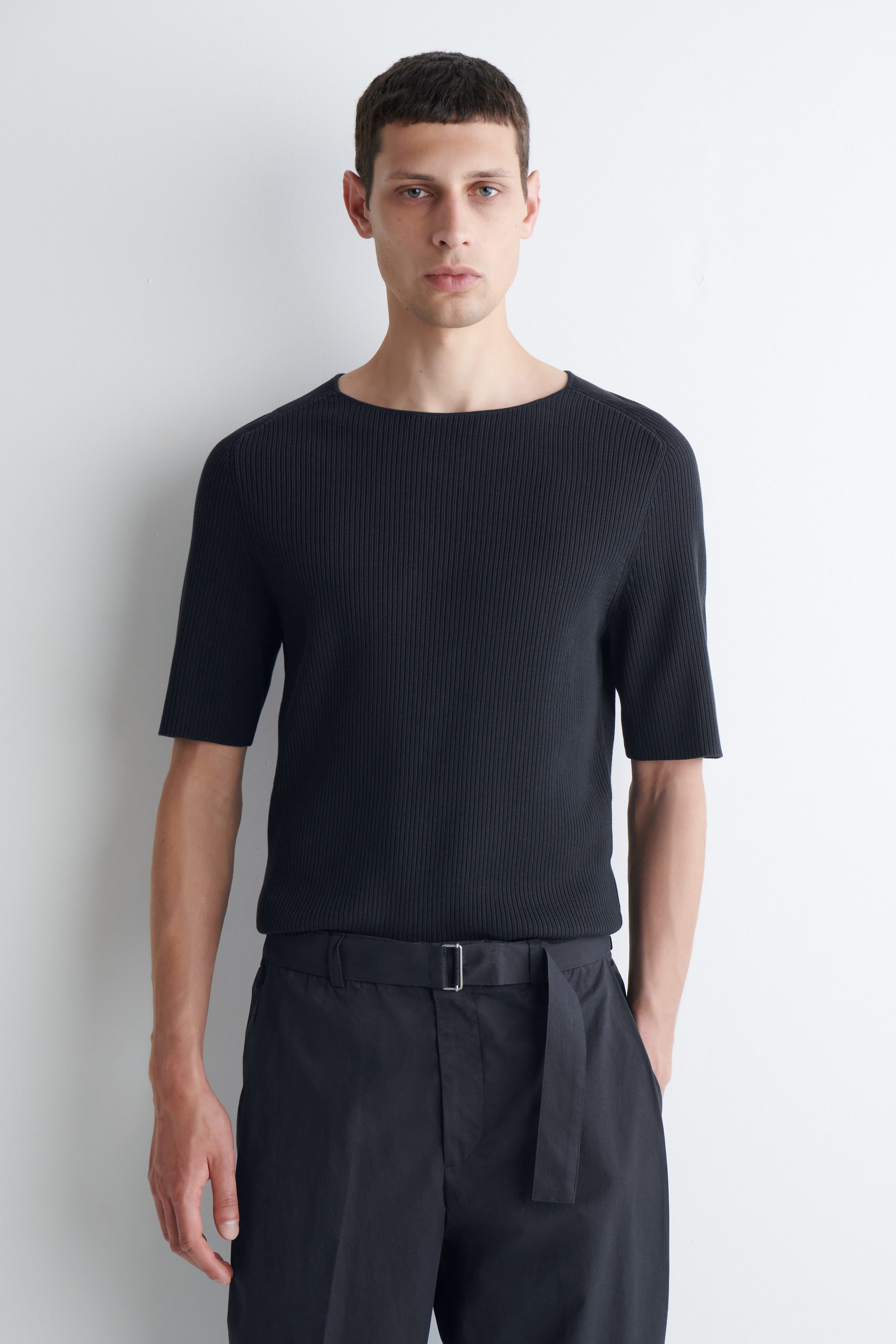 RIBBED-KNIT BOAT-NECK T-SHIRT