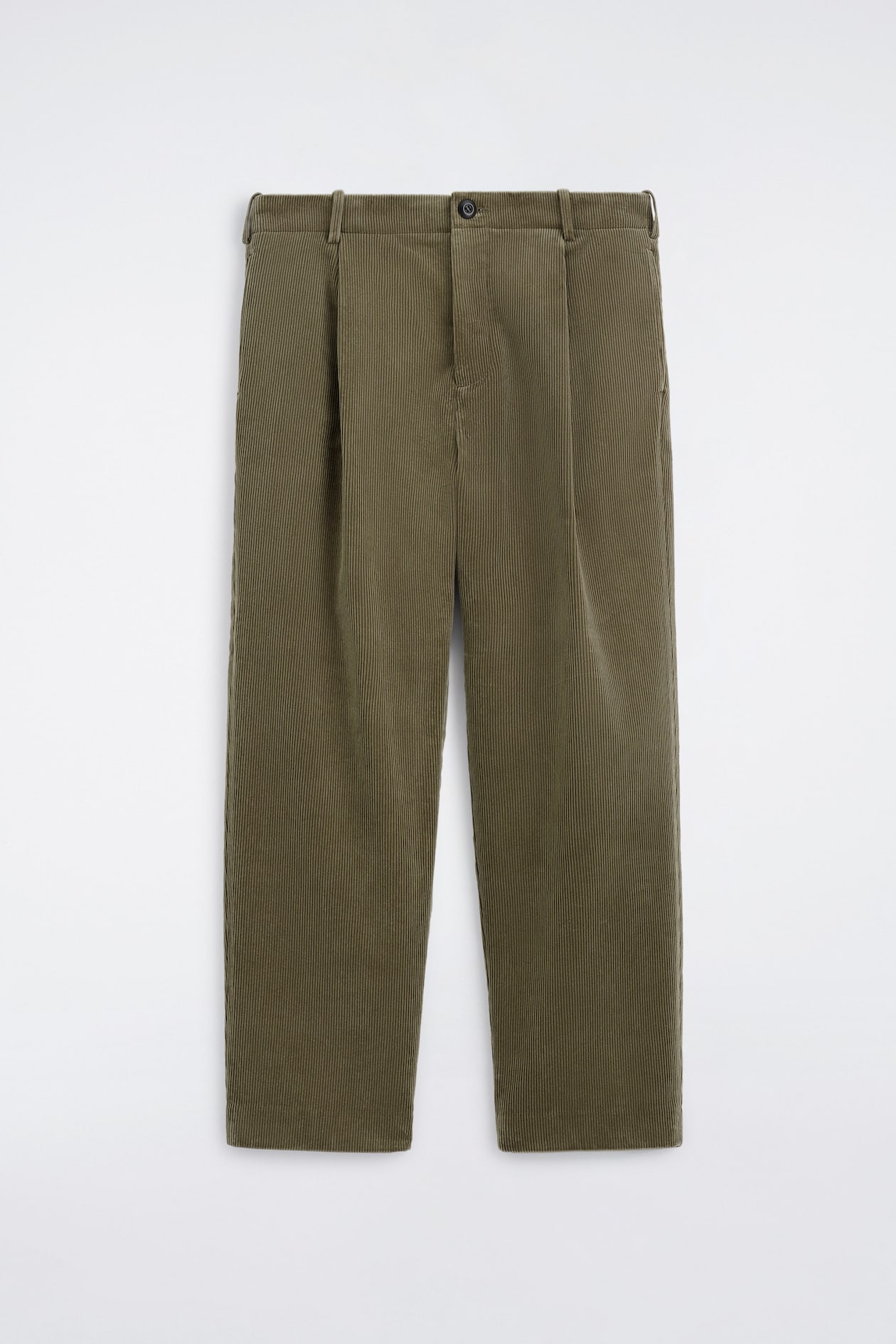 PLEATED CORDUROY RELAXED-FIT STRAIGHT-LEG TROUSERS — DARK KHAKI