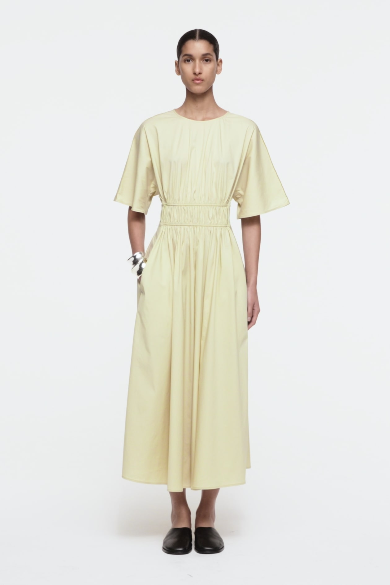 GATHERED OPEN-BACK MIDI DRESS
