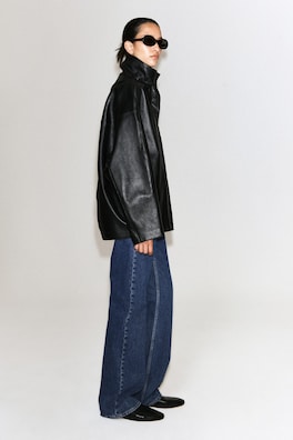 LEATHER FUNNEL-NECK JACKET — BLACK 5