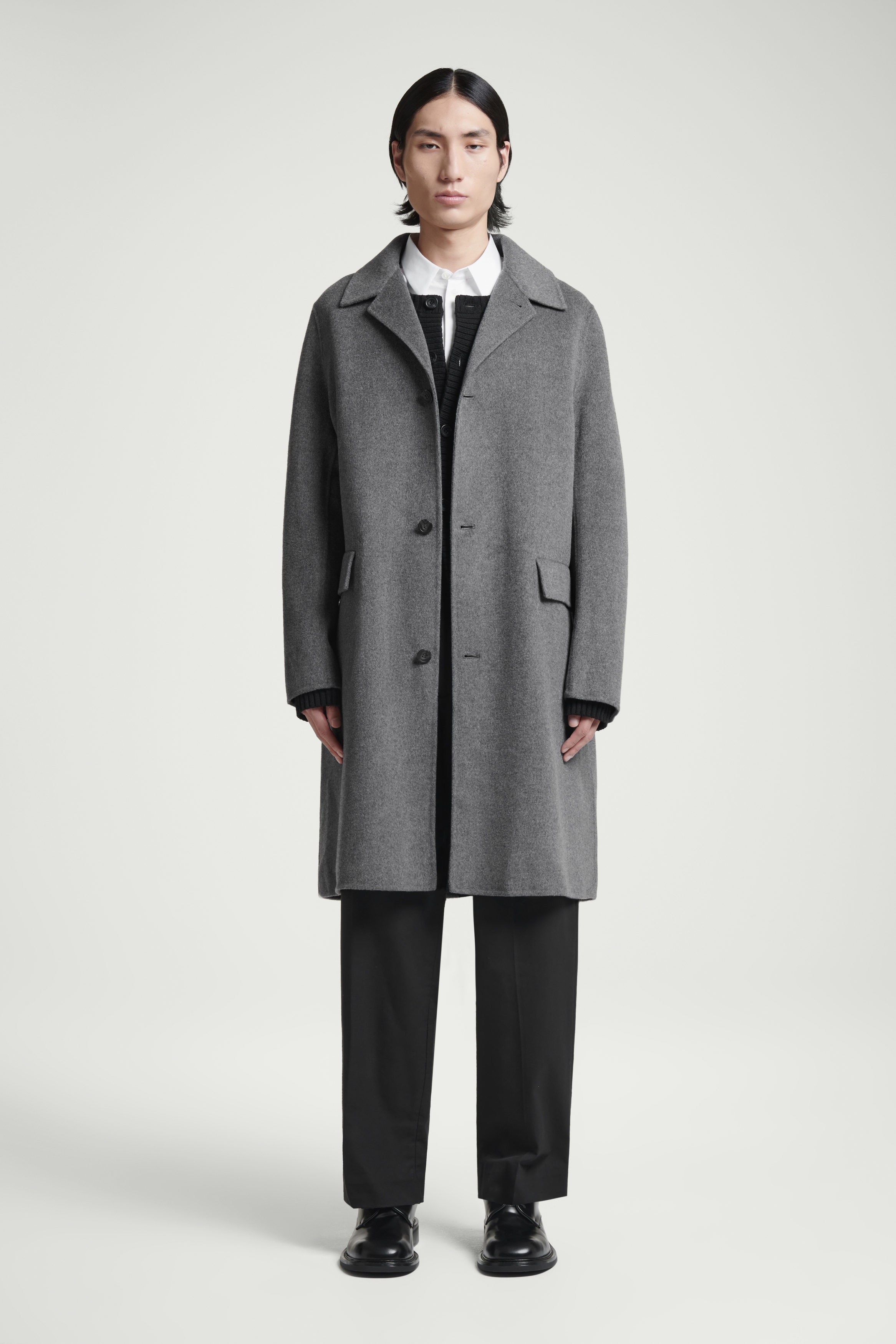 Men's Wool Cashmere Overcoat in Charcoal Melange | Sunspel