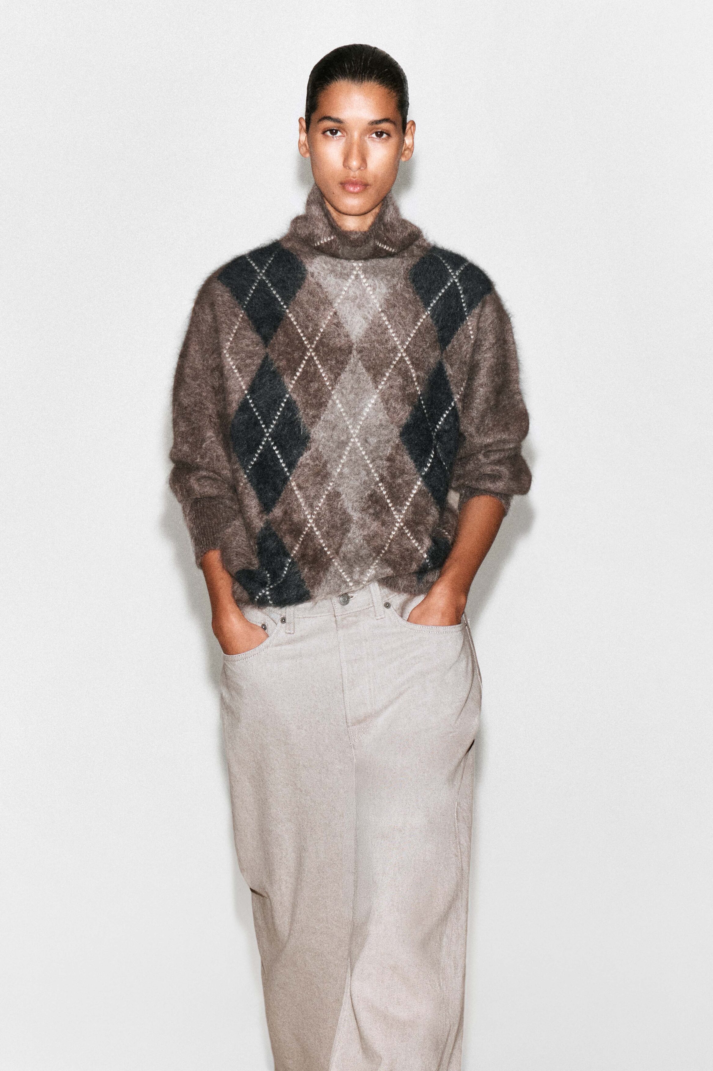 Argyle Brushed Pure Cashmere Mock-Neck Sweater by COS